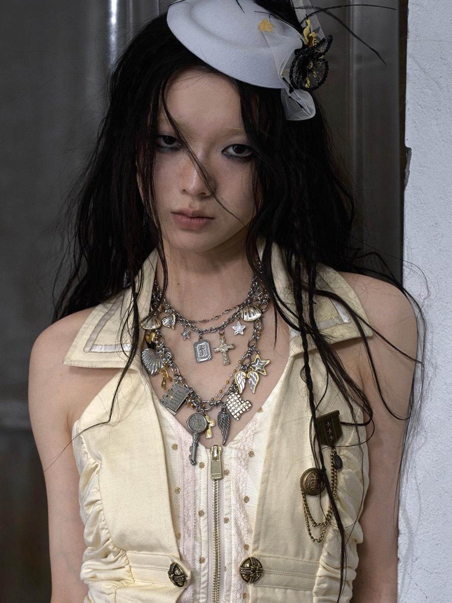 NO ROMANCE Punk Retro Cross Layered Necklace With Heart & Rhinestones