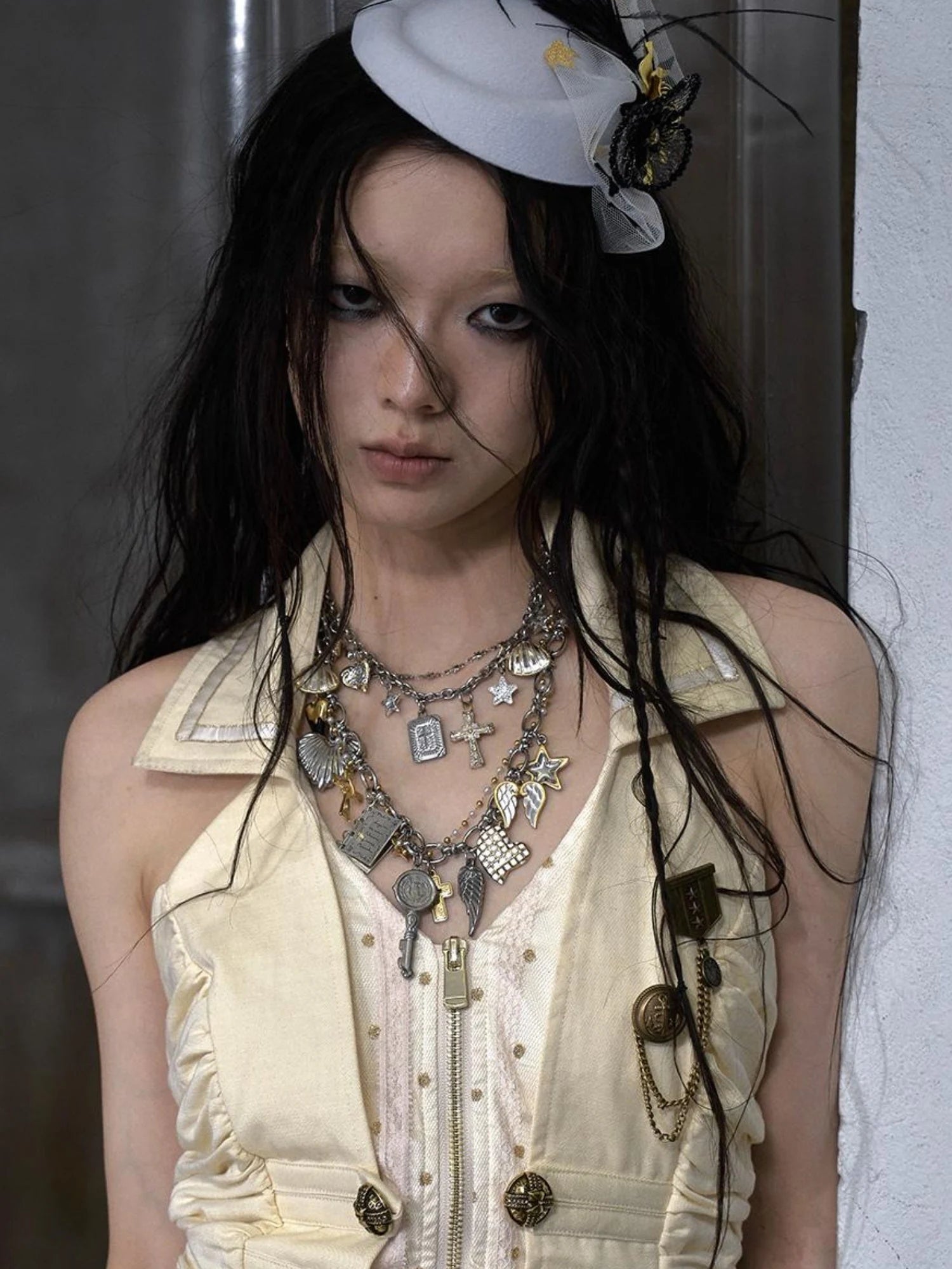 Punk Retro Cross Layered Necklace With Heart & Rhinestones