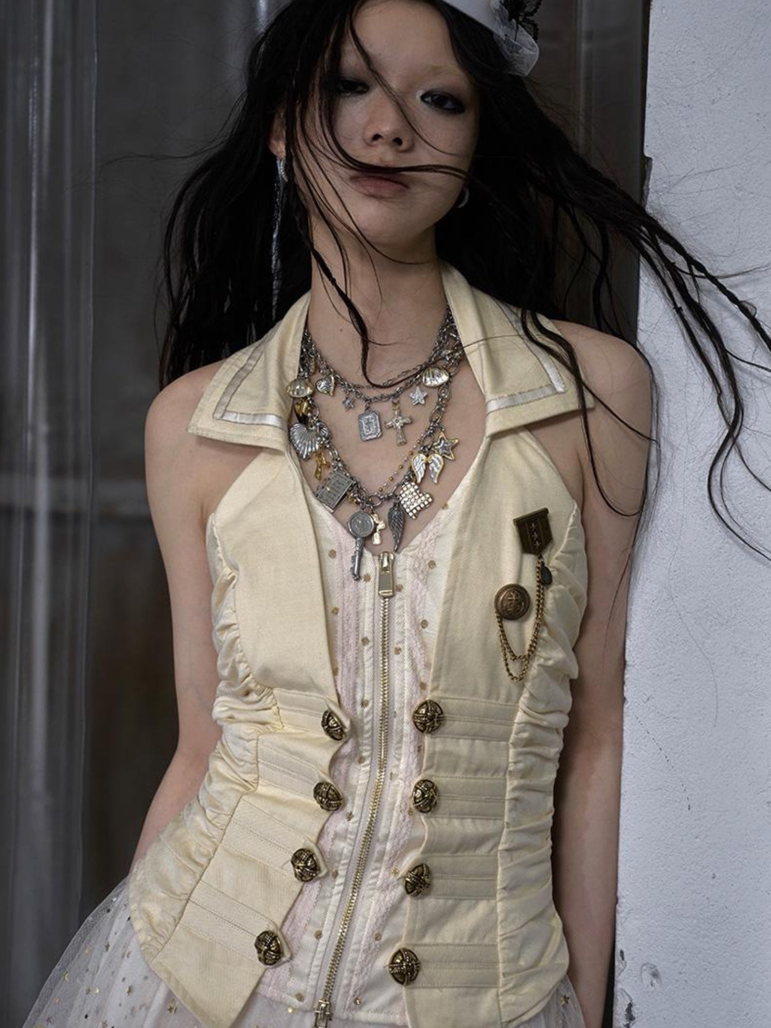 NO ROMANCE Punk Retro Cross Layered Necklace With Heart & Rhinestones
