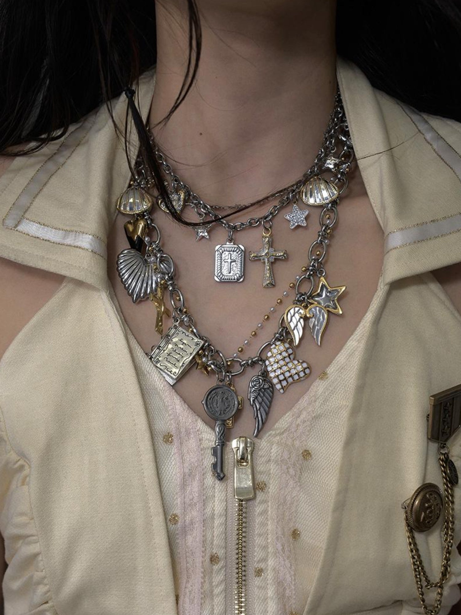NO ROMANCE Punk Retro Cross Layered Necklace With Heart & Rhinestones