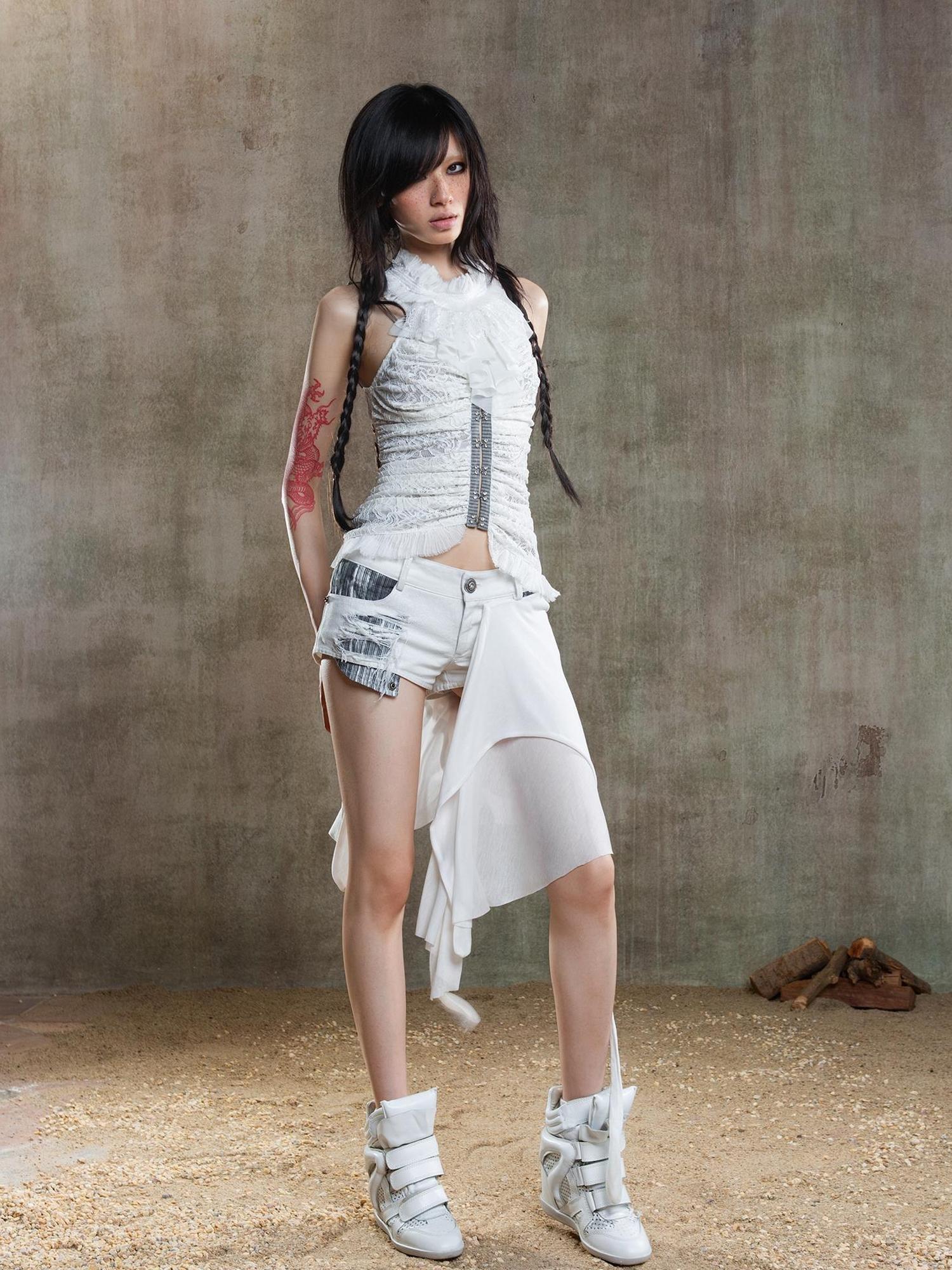 ARIADNAw Punk Retro Multi Way Denim Shorts With Detachable Straps