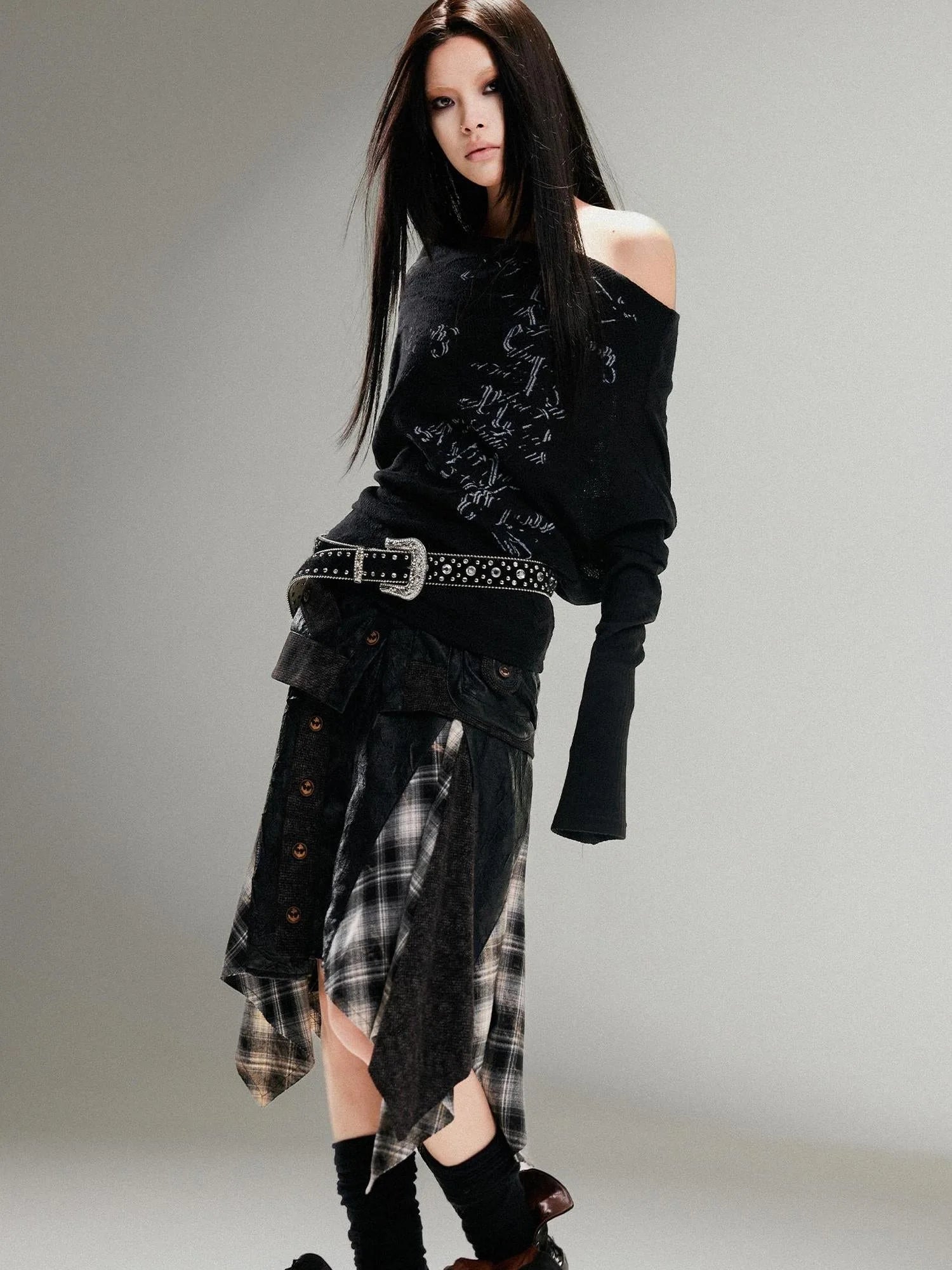 Punk Retro Single Line Collar Graphic Print Stretch Top