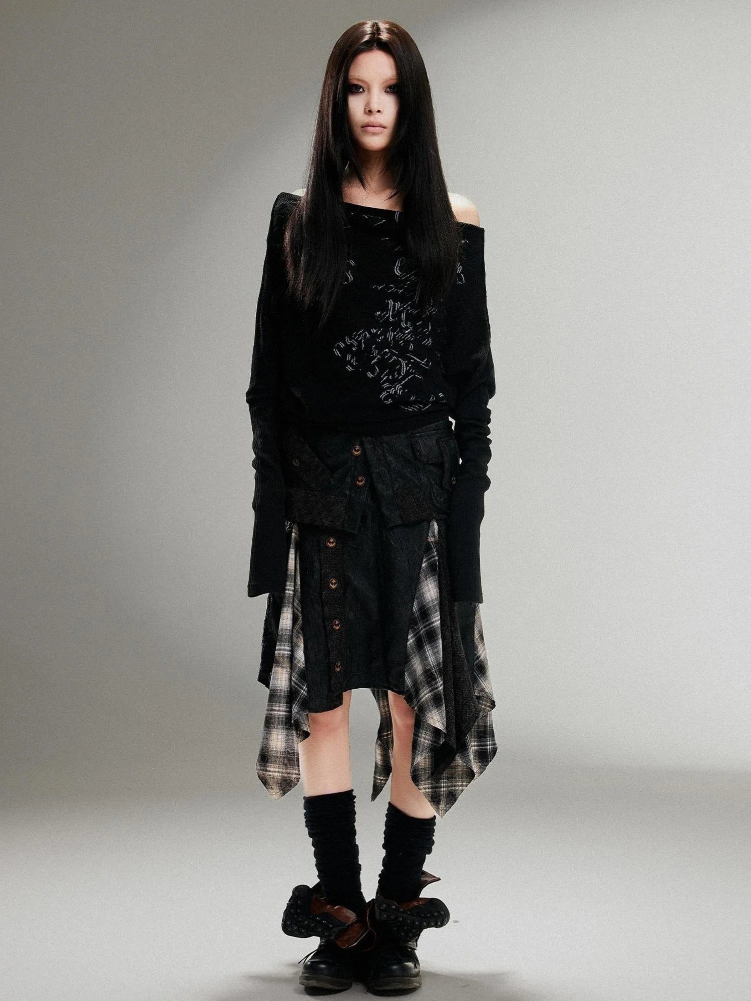 Punk Retro Single Line Collar Graphic Print Stretch Top