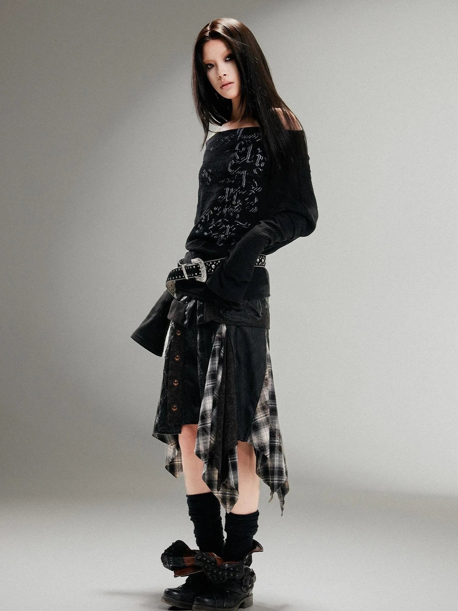 Punk Retro Single Line Collar Graphic Print Stretch Top