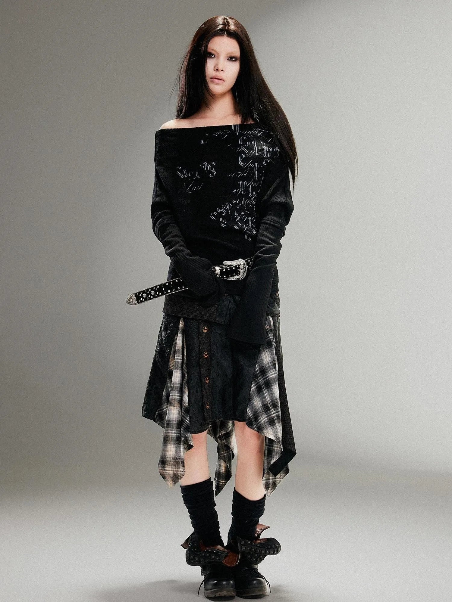 Punk Retro Single Line Collar Graphic Print Stretch Top