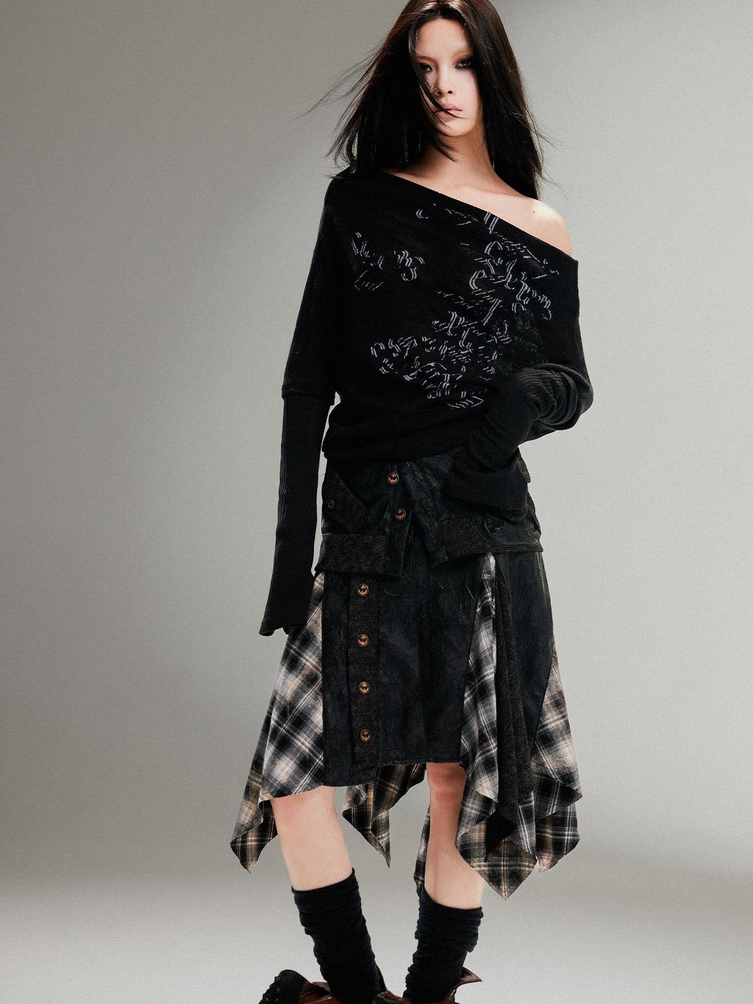ARIADNAw Punk Retro Single Line Collar Graphic Print Stretch Top
