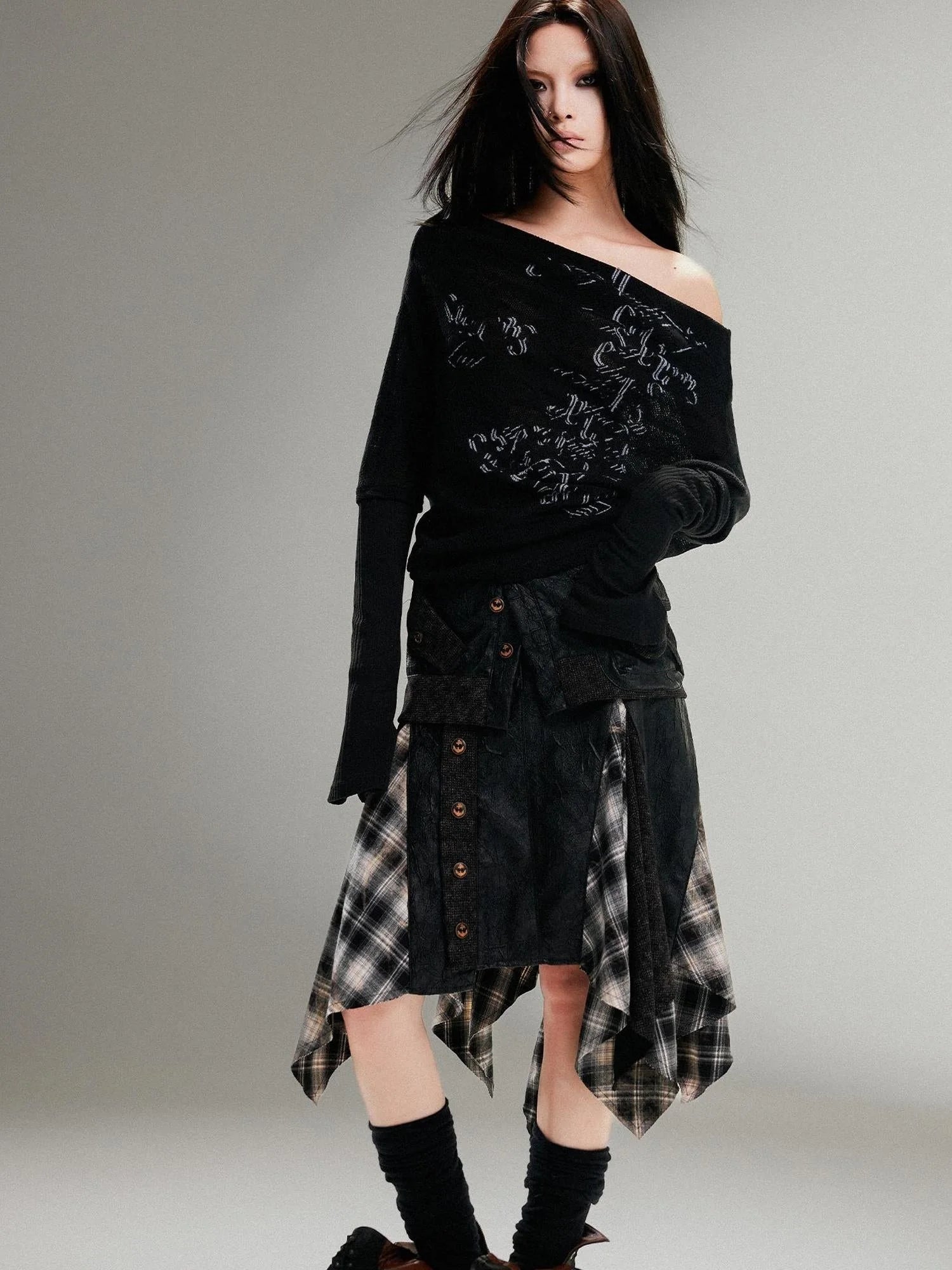 Punk Retro Single Line Collar Graphic Print Stretch Top