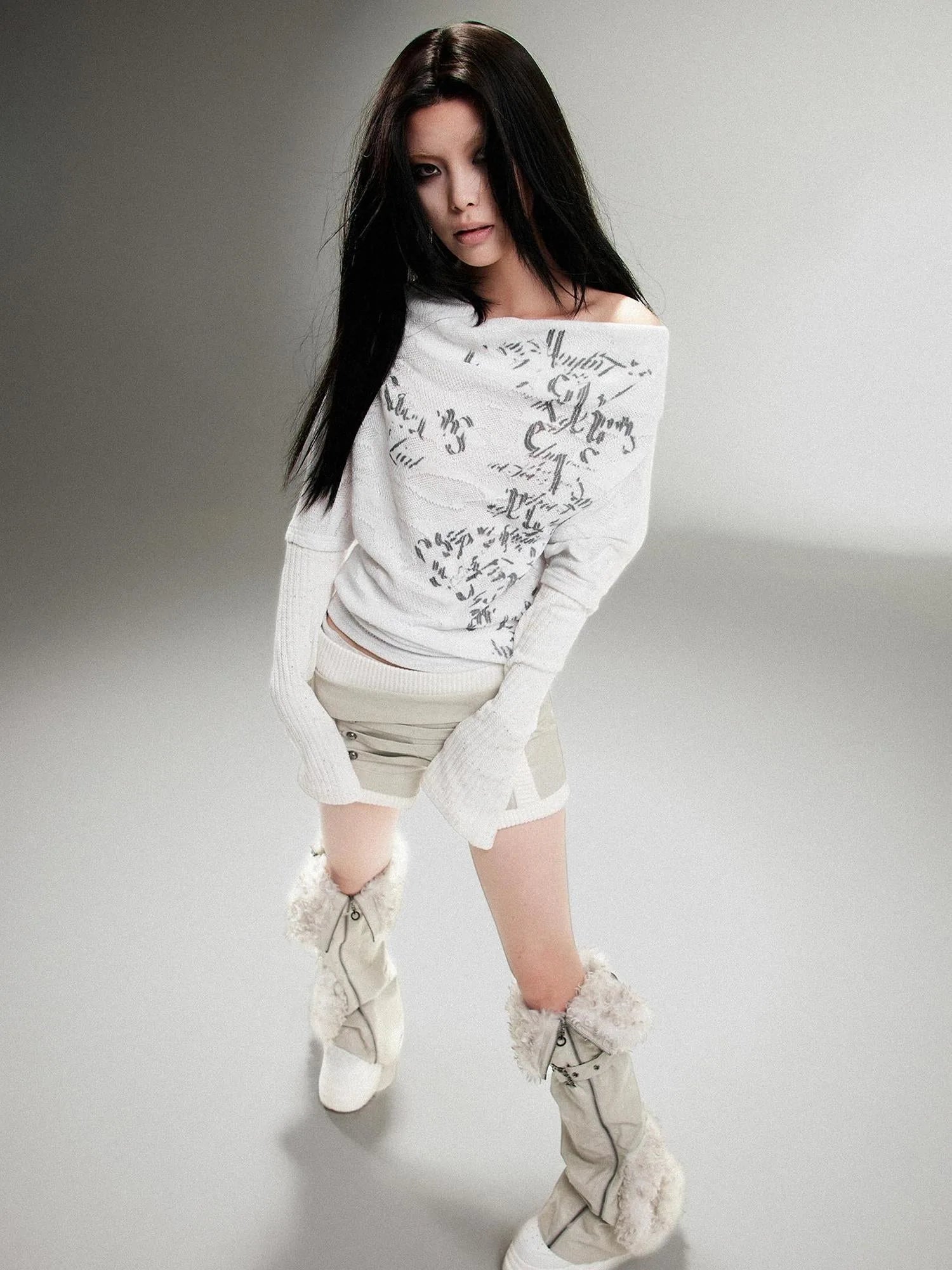 Punk Retro Single Line Collar Graphic Print Stretch Top