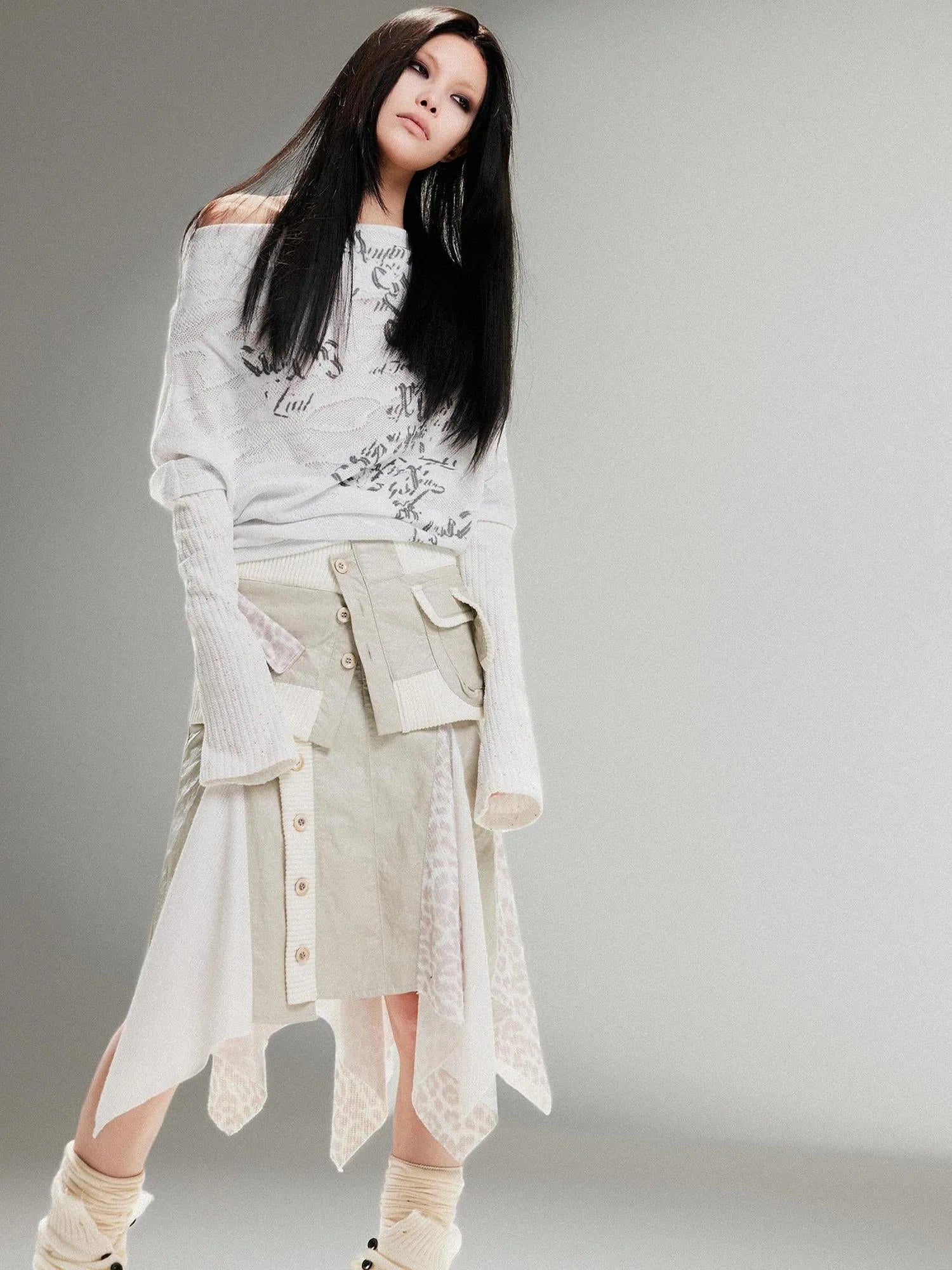Punk Retro Single Line Collar Graphic Print Stretch Top