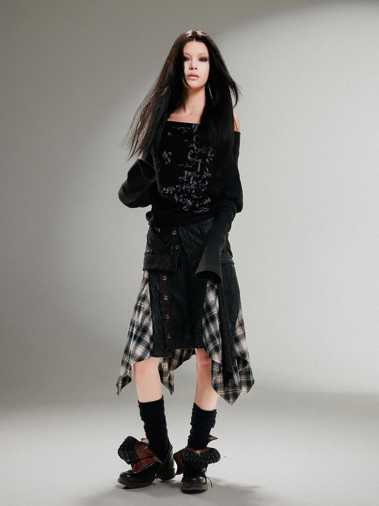 ARIADNAw Punk Retro Single Line Collar Graphic Print Stretch Top