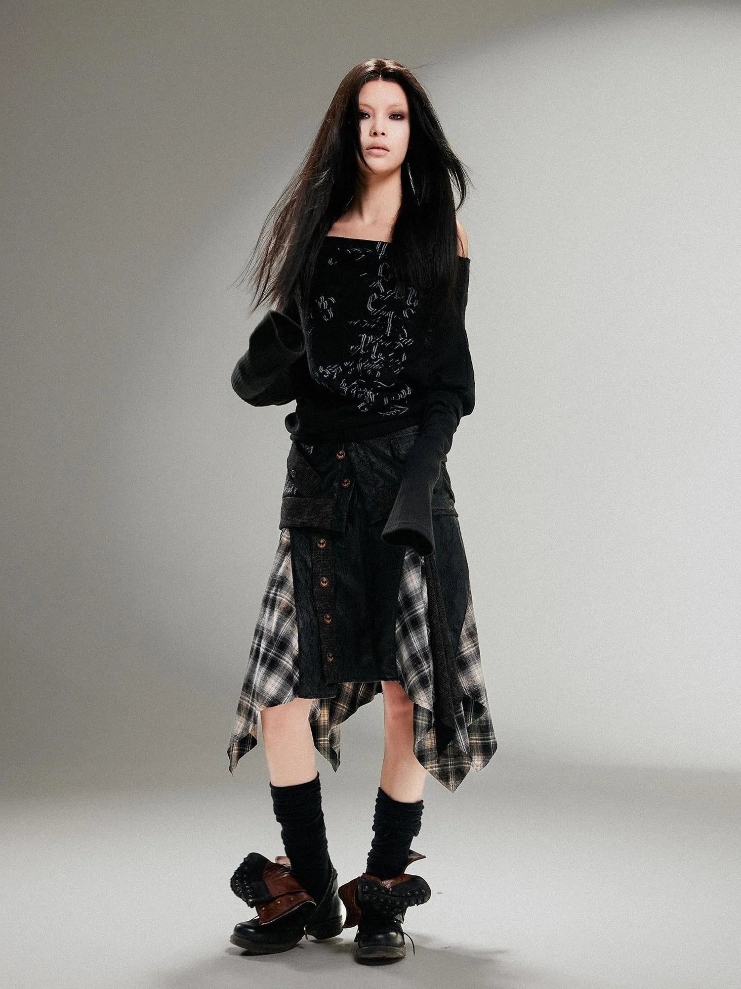 Punk Retro Single Line Collar Graphic Print Stretch Top