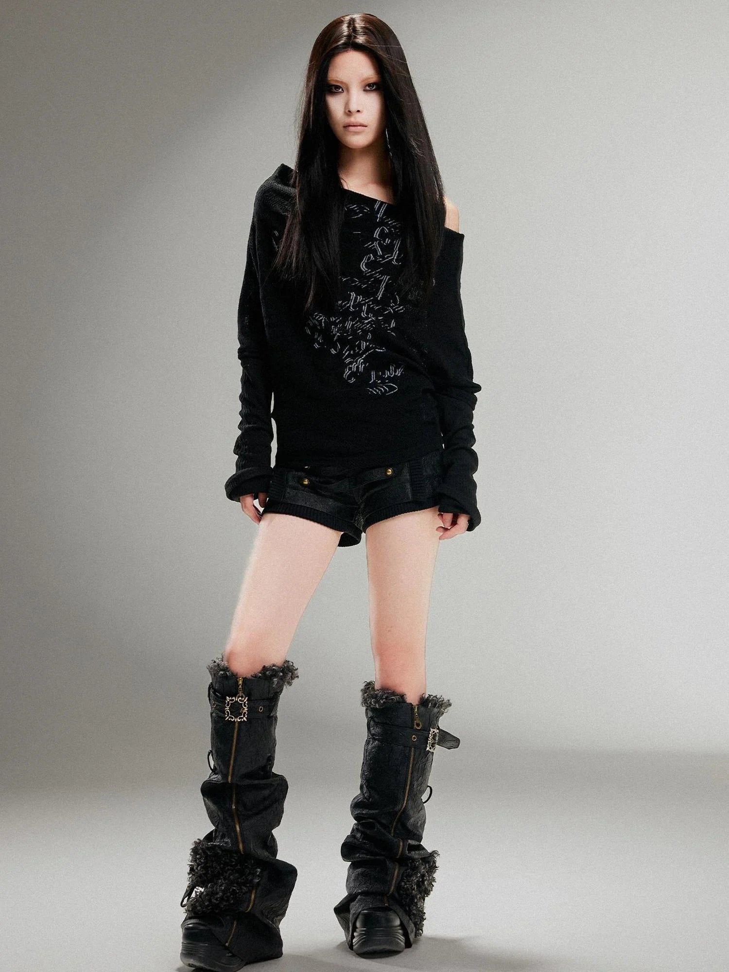 Punk Retro Single Line Collar Graphic Print Stretch Top