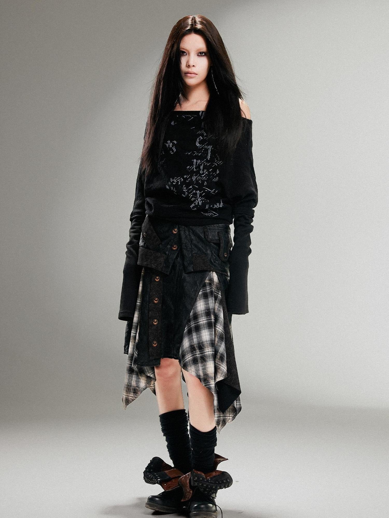 ARIADNAw Punk Retro Single Line Collar Graphic Print Stretch Top