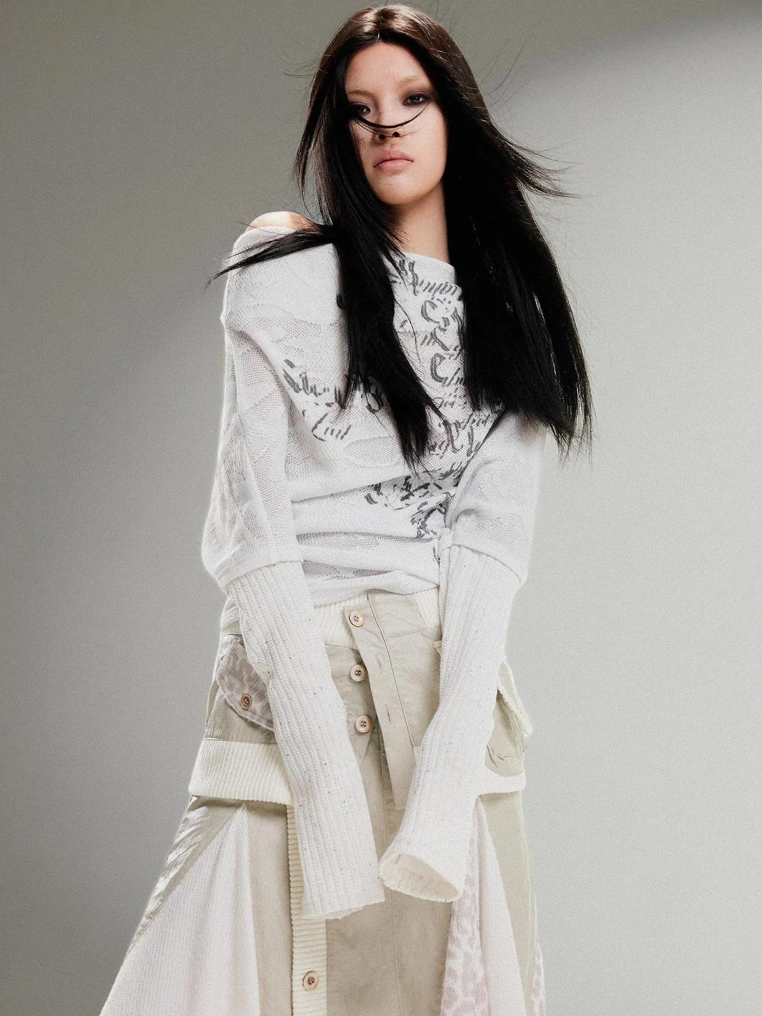 Punk Retro Single Line Collar Graphic Print Stretch Top