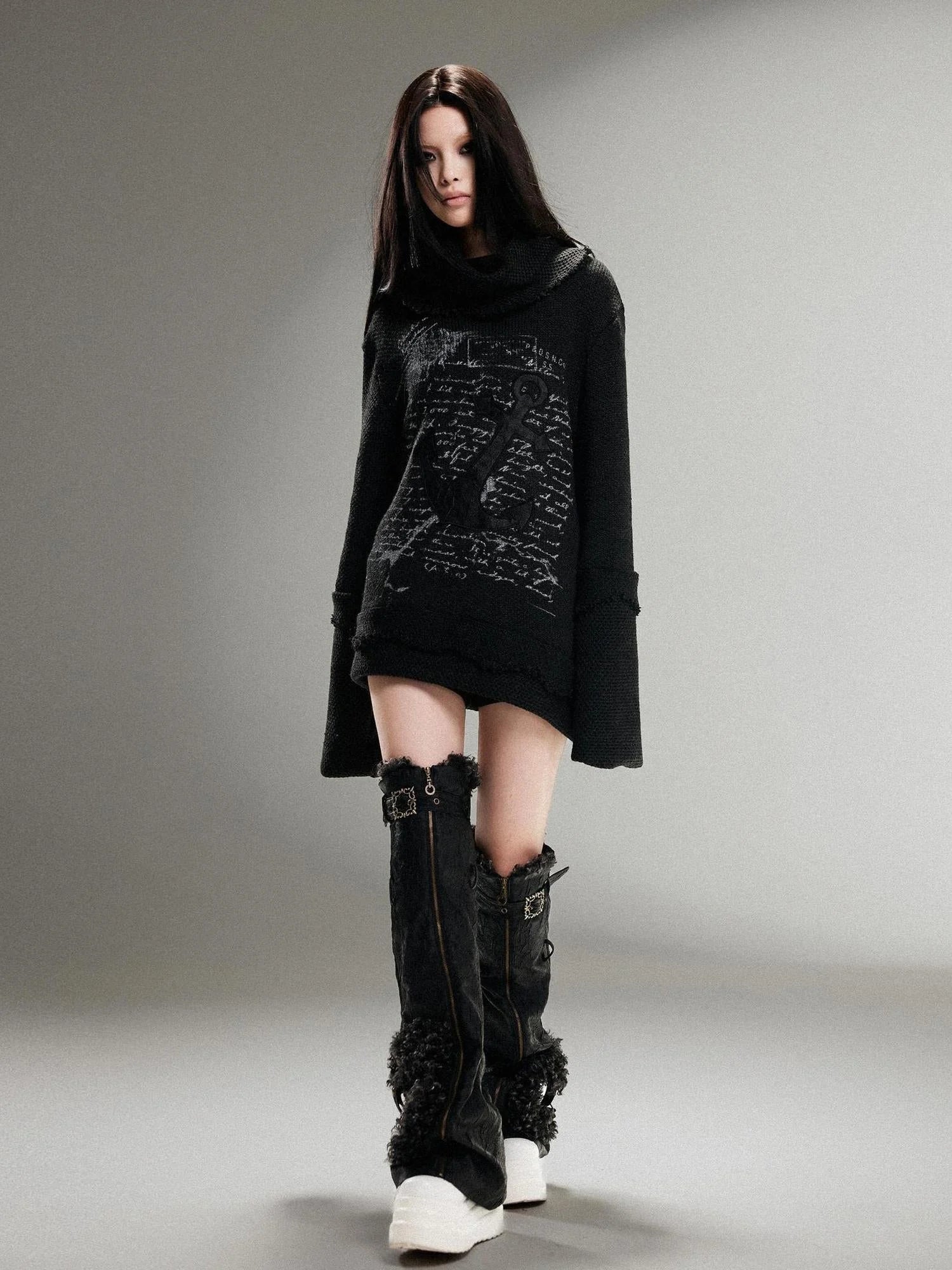 Punk Rock Anchor Print Fringe Turtleneck Sweater For Women
