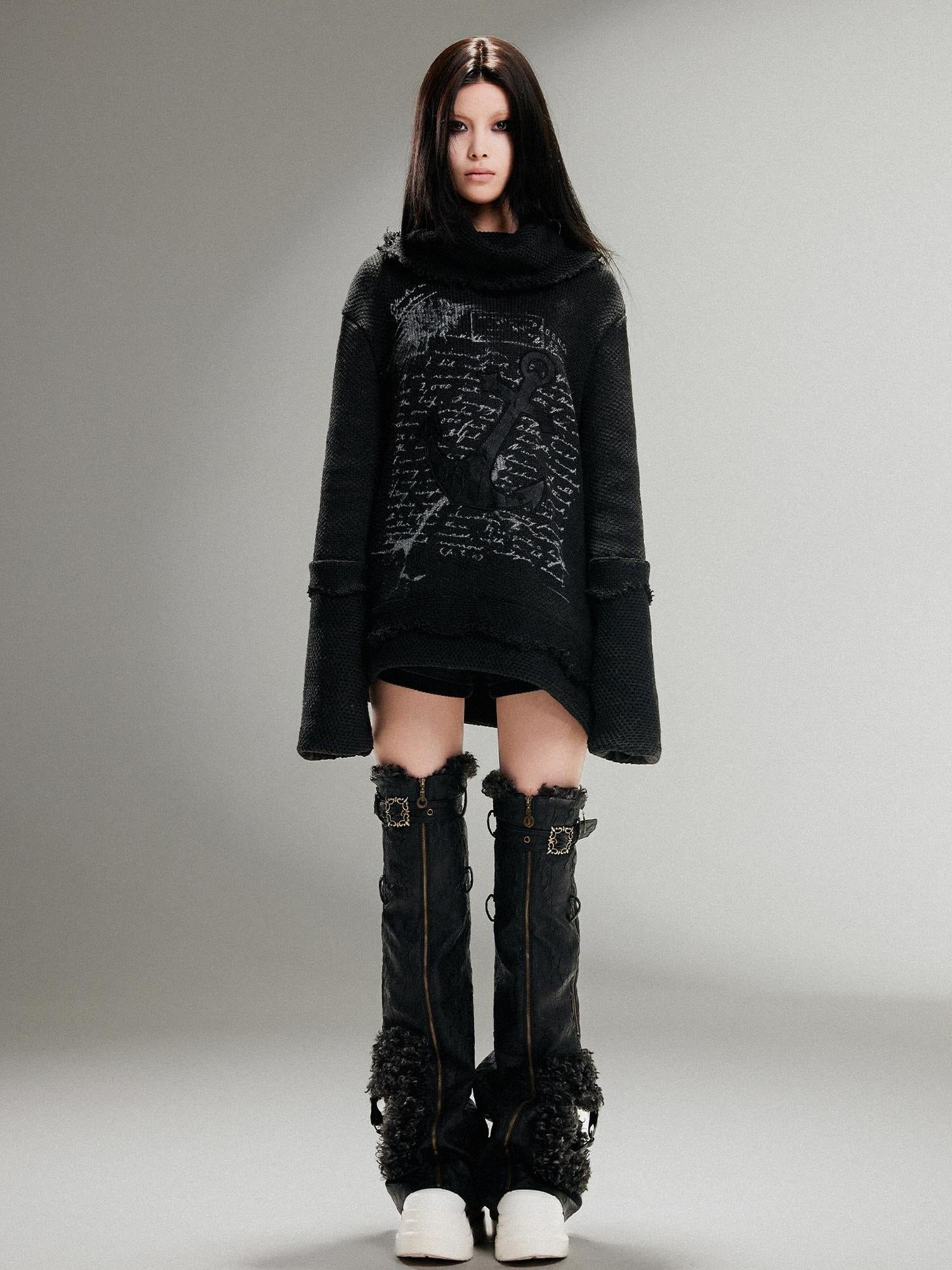 ARIADNAw Punk Rock Anchor Print Fringe Turtleneck Sweater For Women