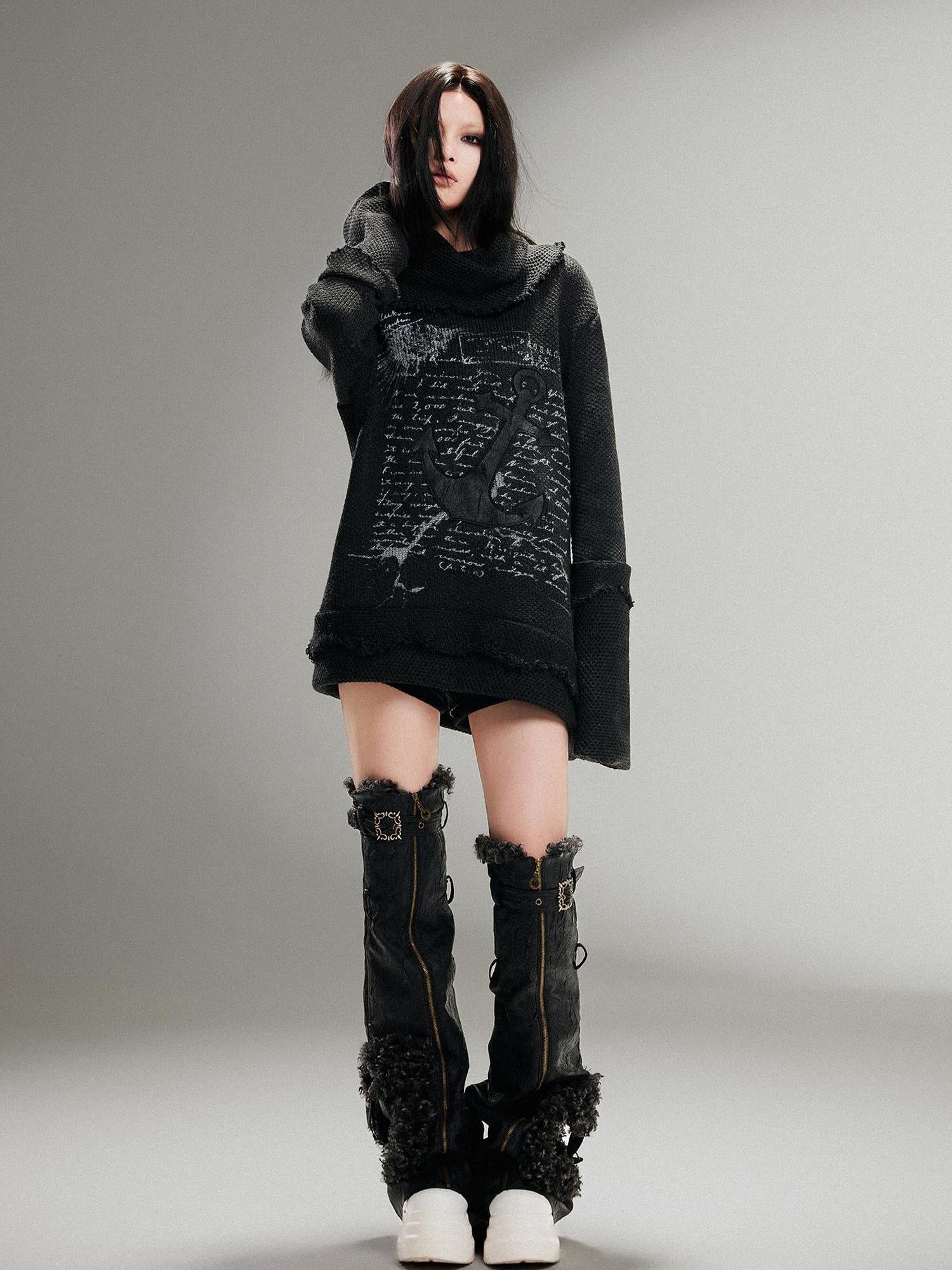 ARIADNAw Punk Rock Anchor Print Fringe Turtleneck Sweater For Women
