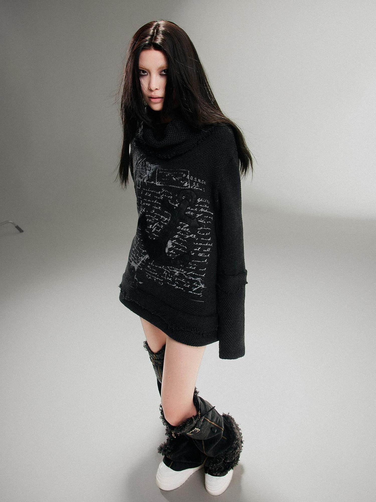 ARIADNAw Punk Rock Anchor Print Fringe Turtleneck Sweater For Women