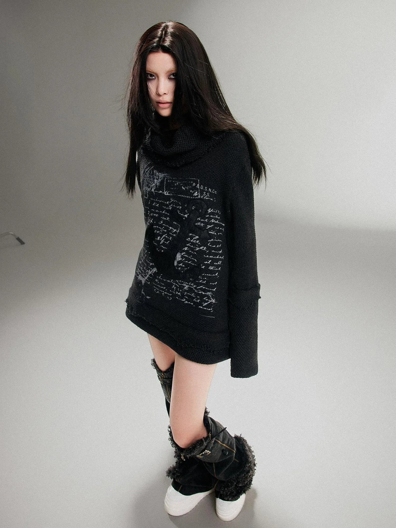 Punk Rock Anchor Print Fringe Turtleneck Sweater For Women