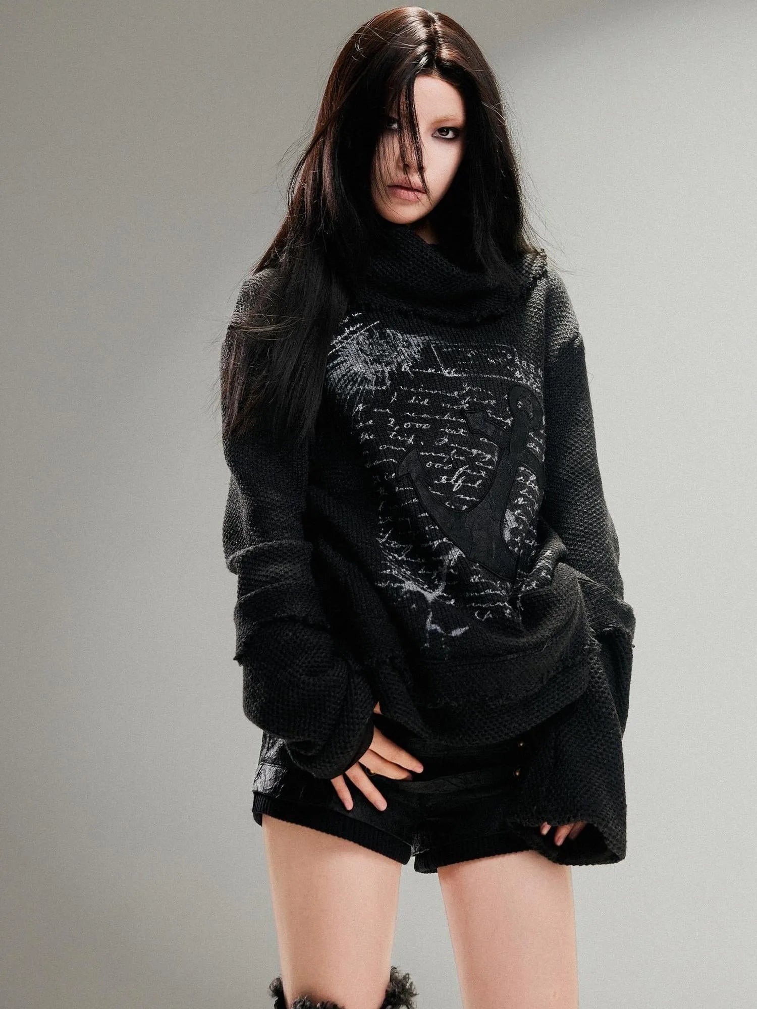 Punk Rock Anchor Print Fringe Turtleneck Sweater For Women