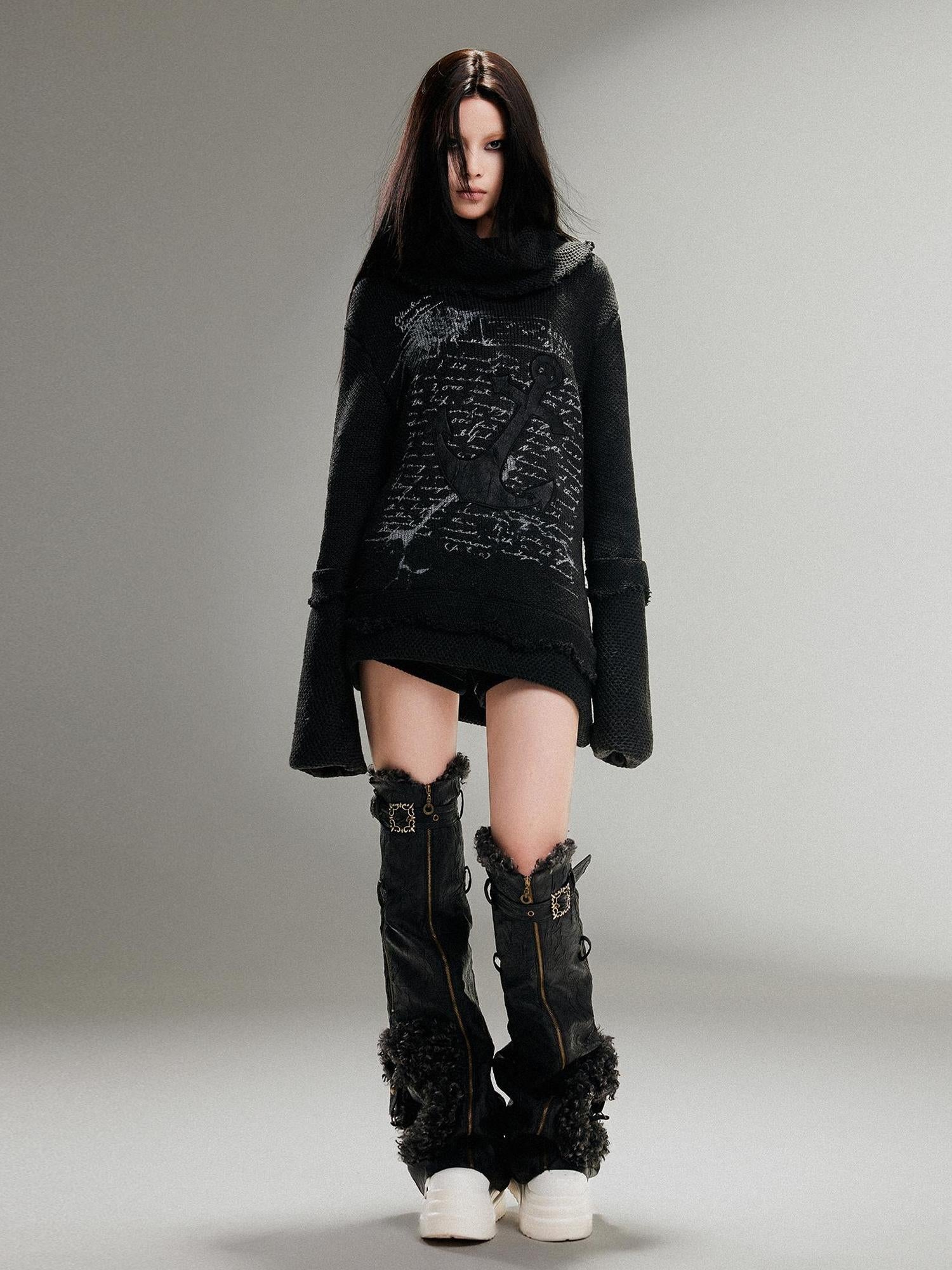 ARIADNAw Punk Rock Anchor Print Fringe Turtleneck Sweater For Women
