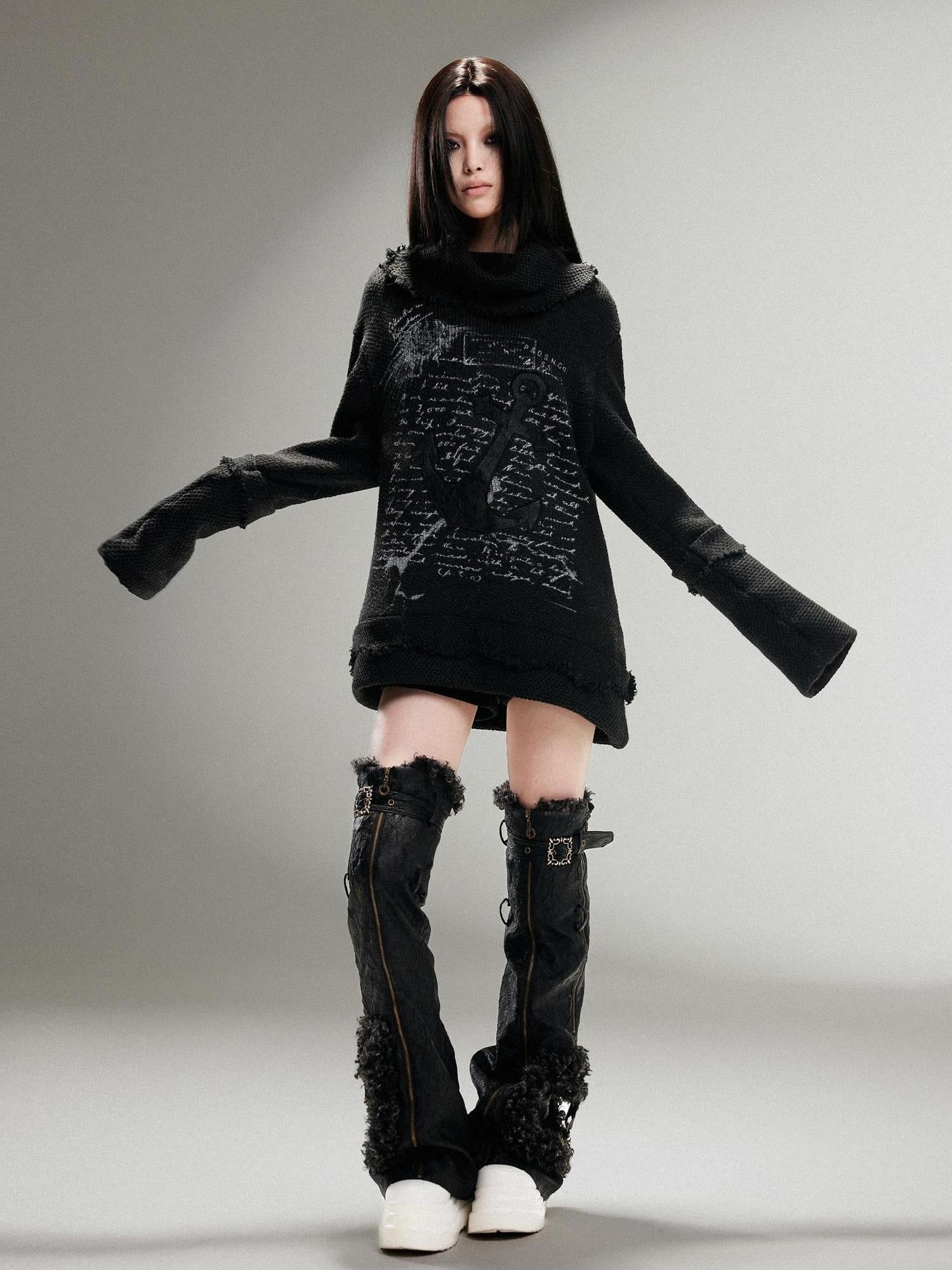 ARIADNAw Punk Rock Anchor Print Fringe Turtleneck Sweater For Women