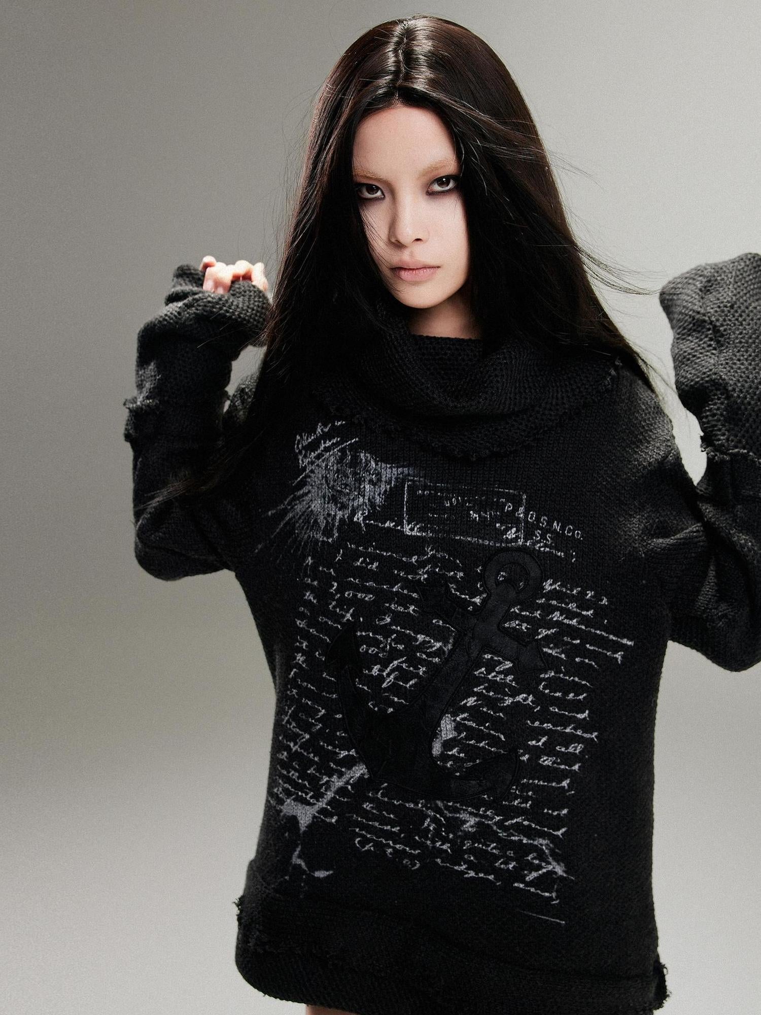 ARIADNAw Punk Rock Anchor Print Fringe Turtleneck Sweater For Women