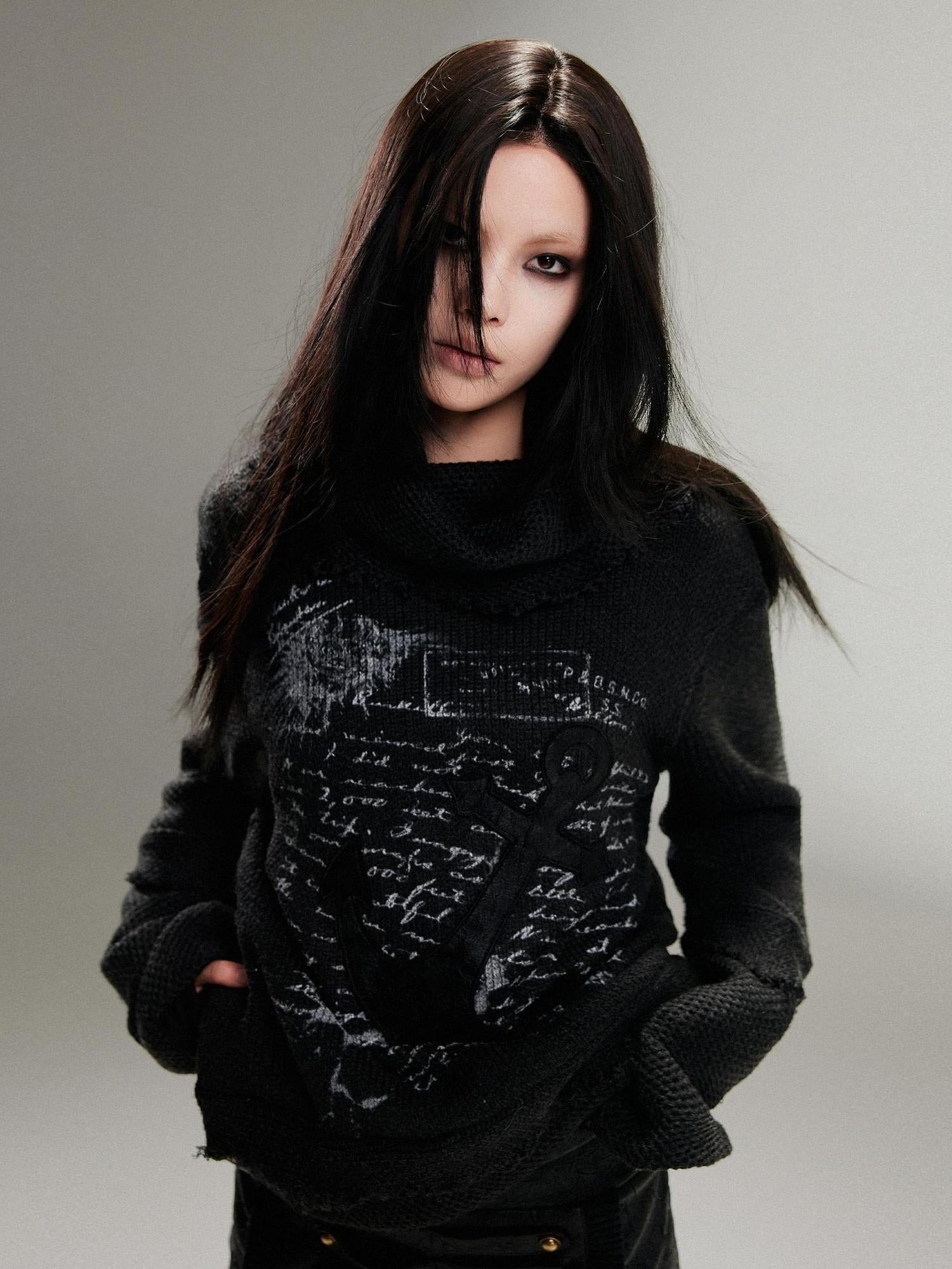 ARIADNAw Punk Rock Anchor Print Fringe Turtleneck Sweater For Women