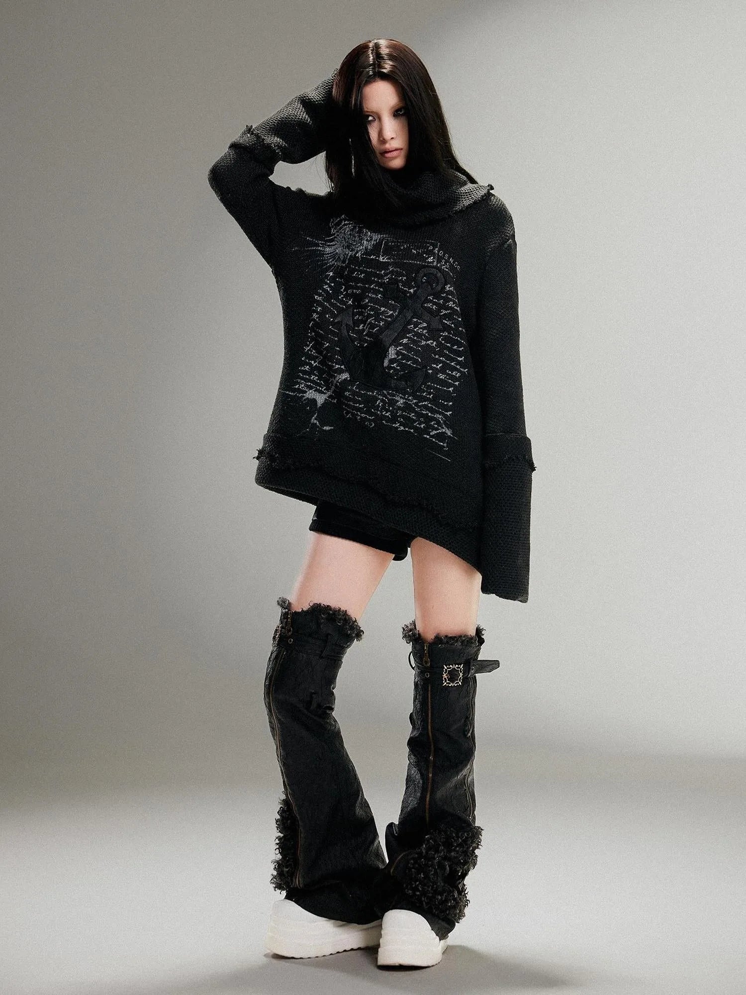 Punk Rock Anchor Print Fringe Turtleneck Sweater For Women