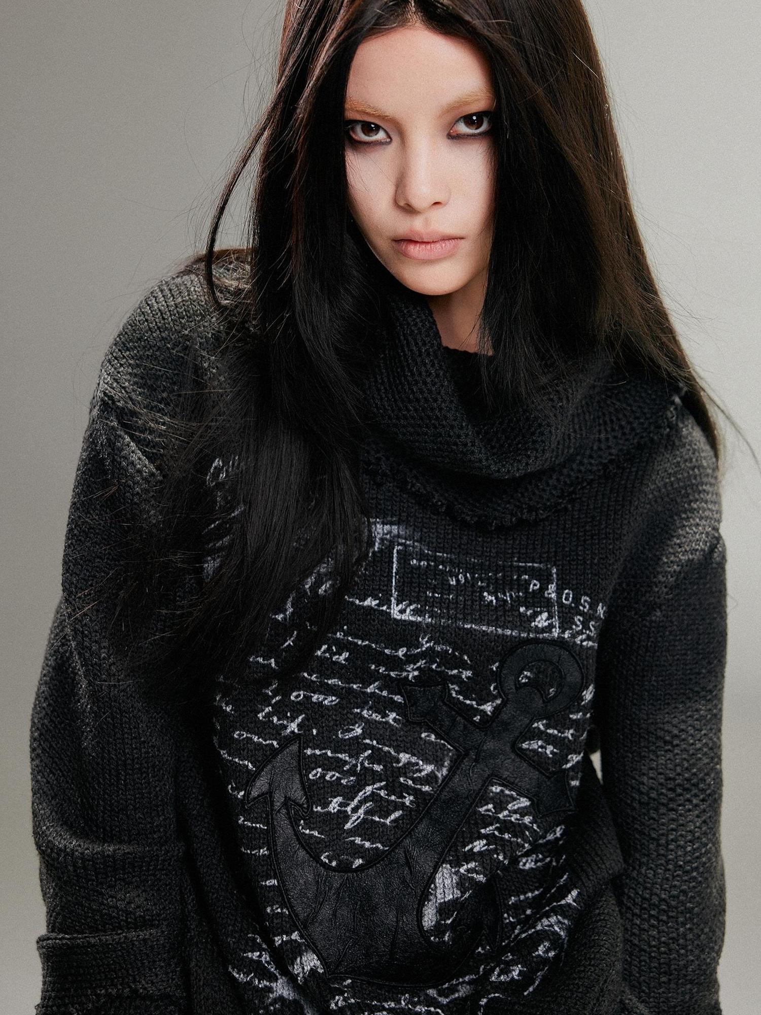 ARIADNAw Punk Rock Anchor Print Fringe Turtleneck Sweater For Women