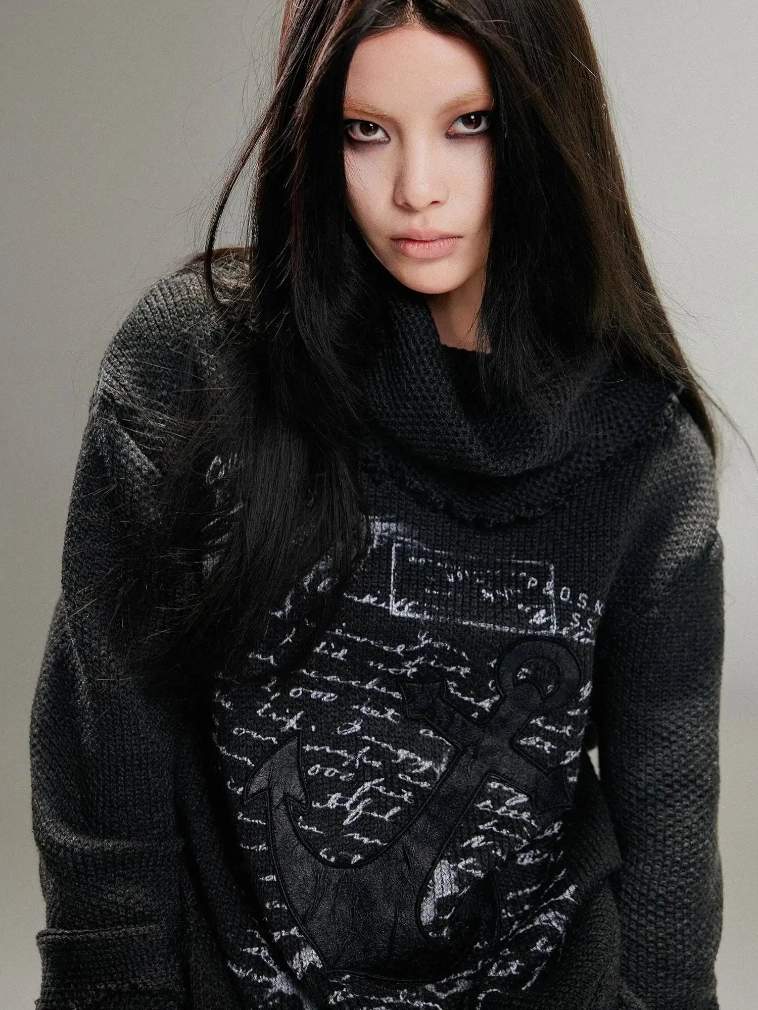 Punk Rock Anchor Print Fringe Turtleneck Sweater For Women