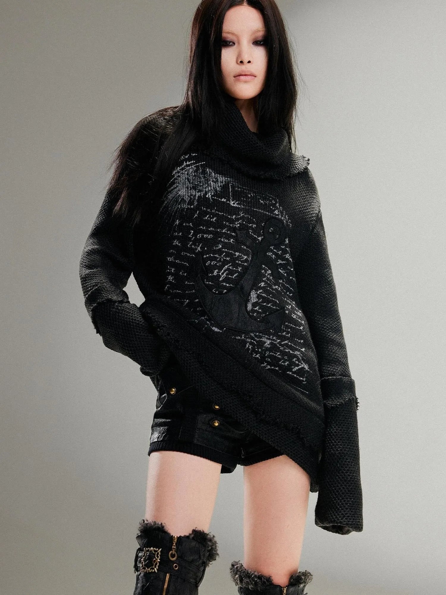 Punk Rock Anchor Print Fringe Turtleneck Sweater For Women