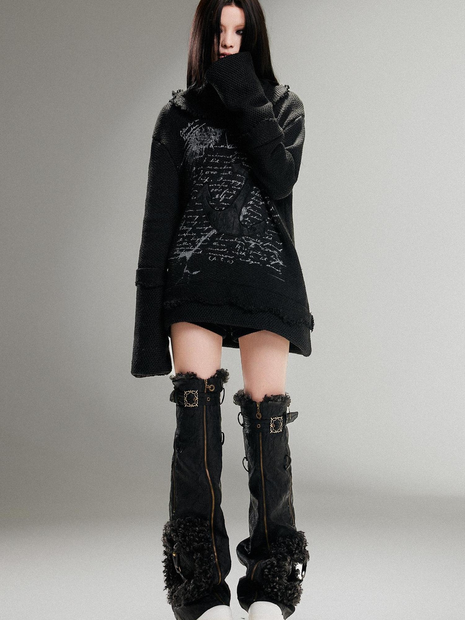 ARIADNAw Punk Rock Anchor Print Fringe Turtleneck Sweater For Women