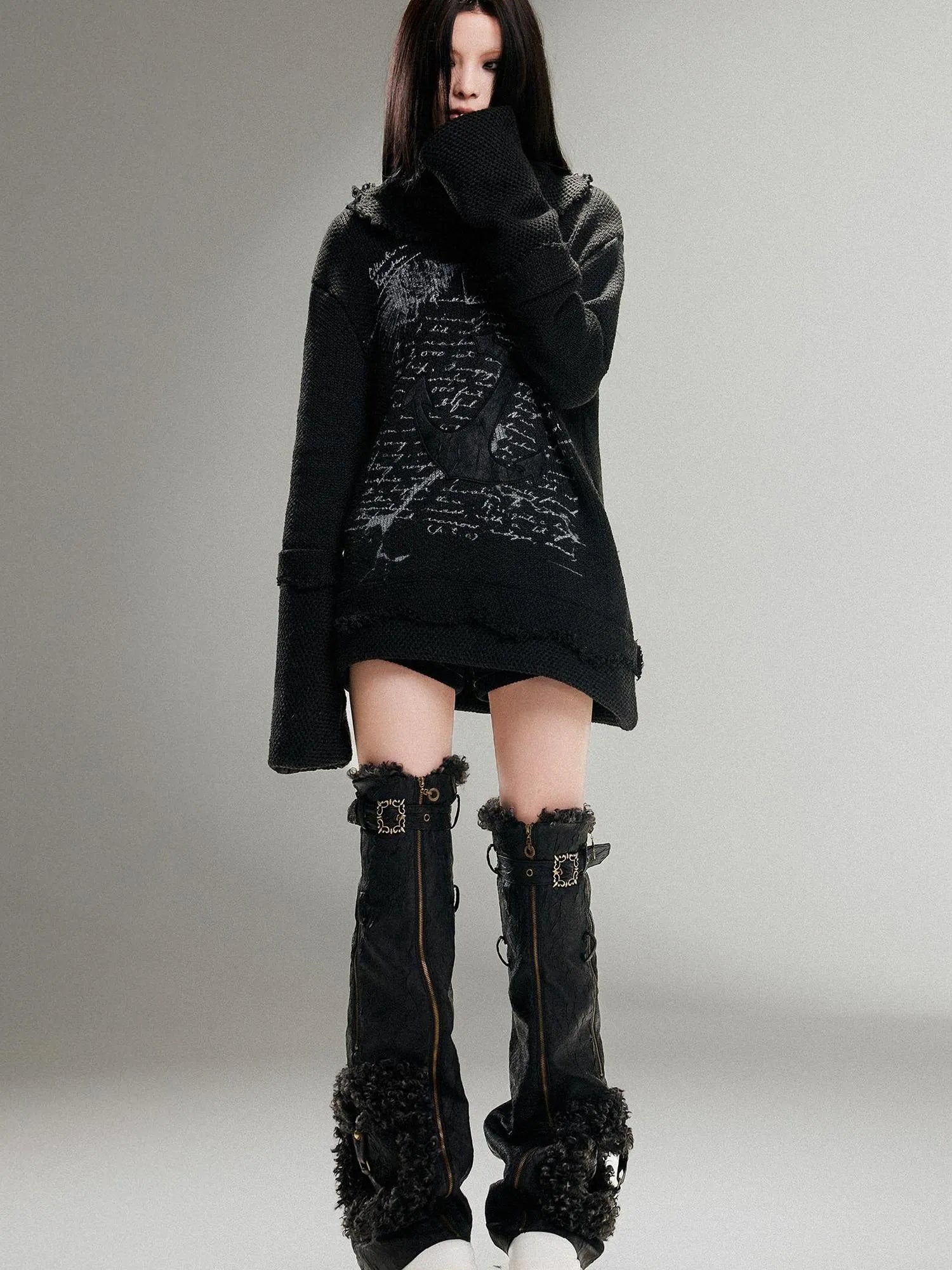 Punk Rock Anchor Print Fringe Turtleneck Sweater For Women
