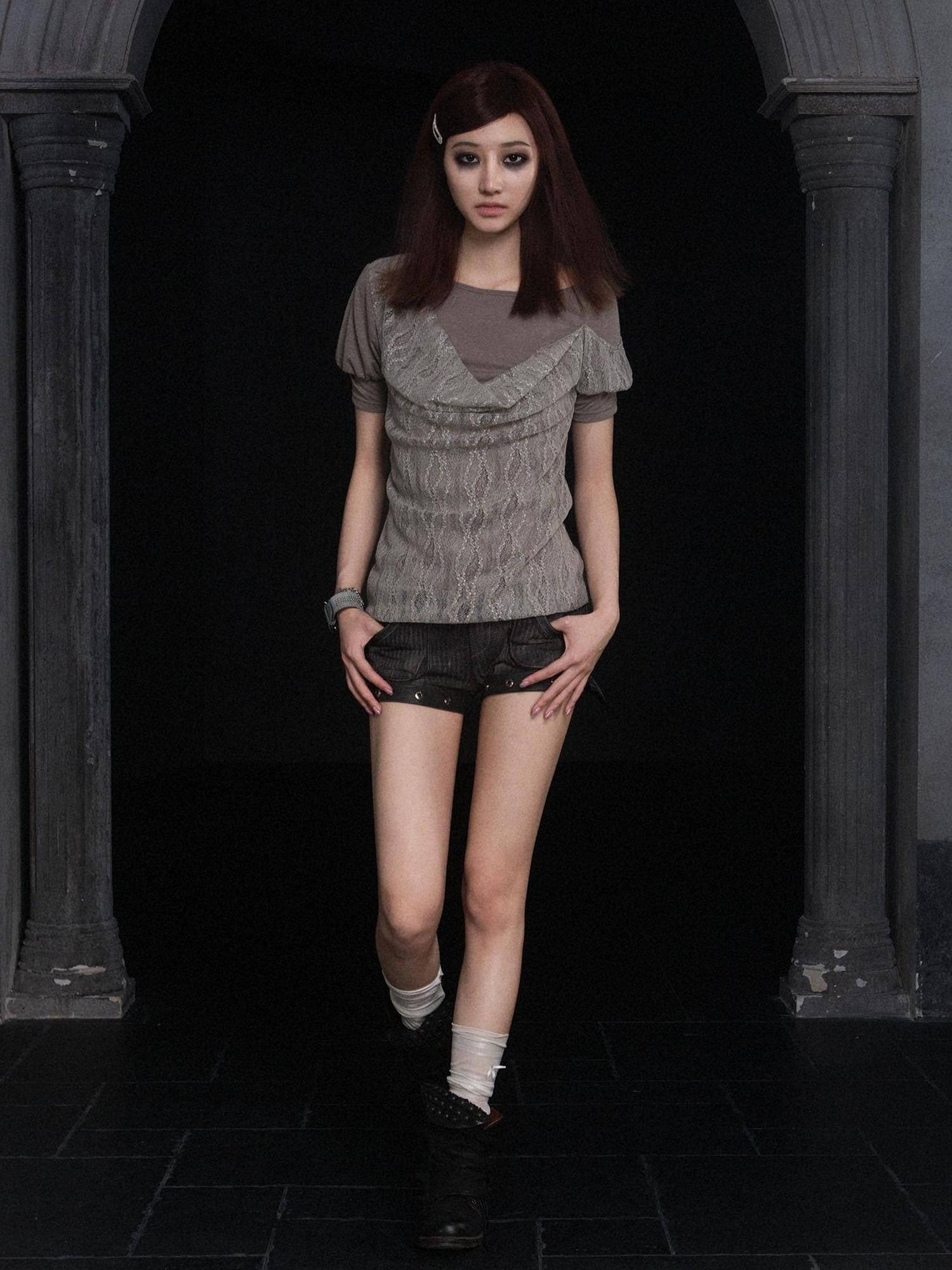 Punk Rock Batwing Denim Shorts Low Rise Slim Fit