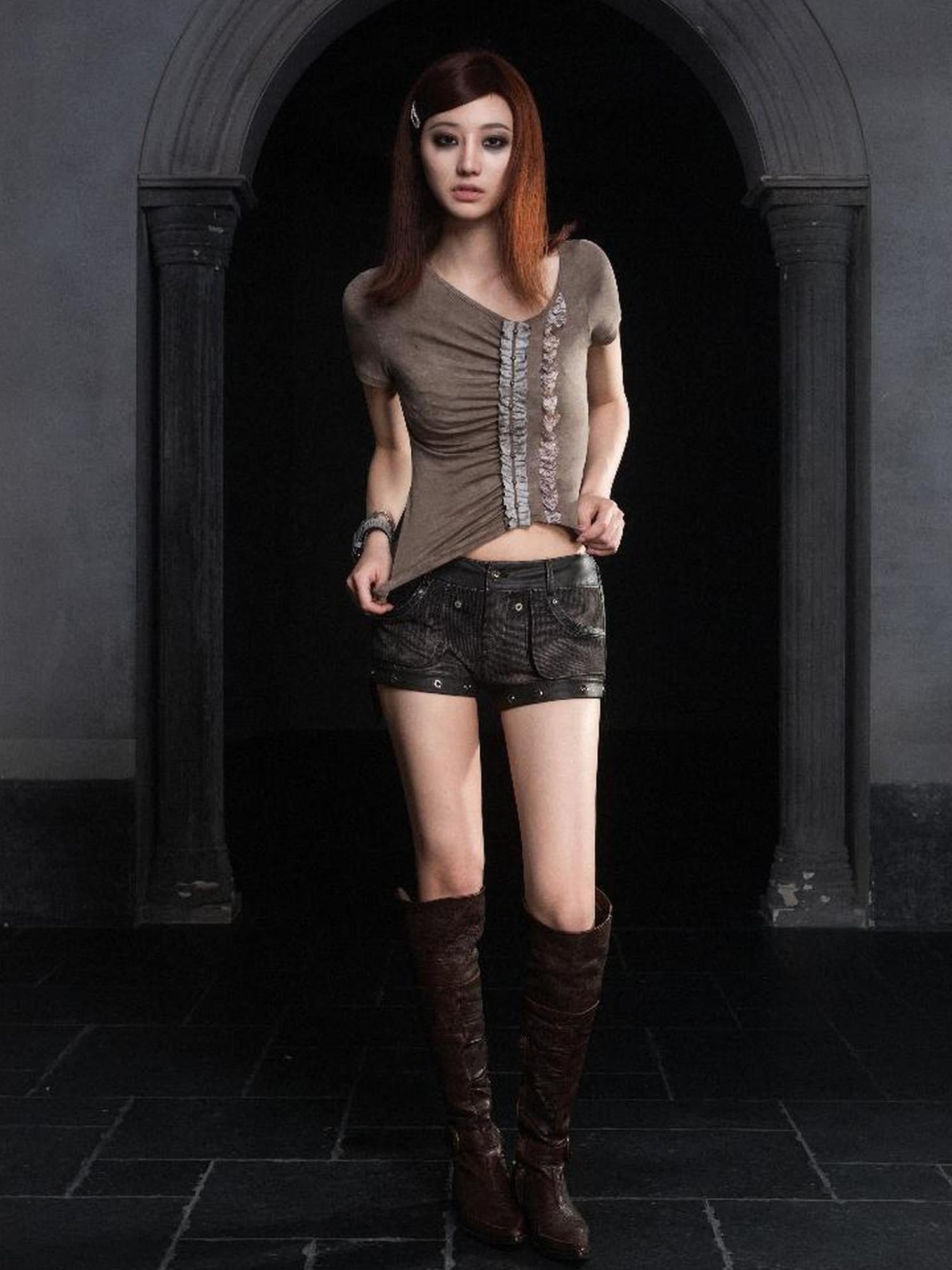 Punk Rock Batwing Denim Shorts Low Rise Slim Fit