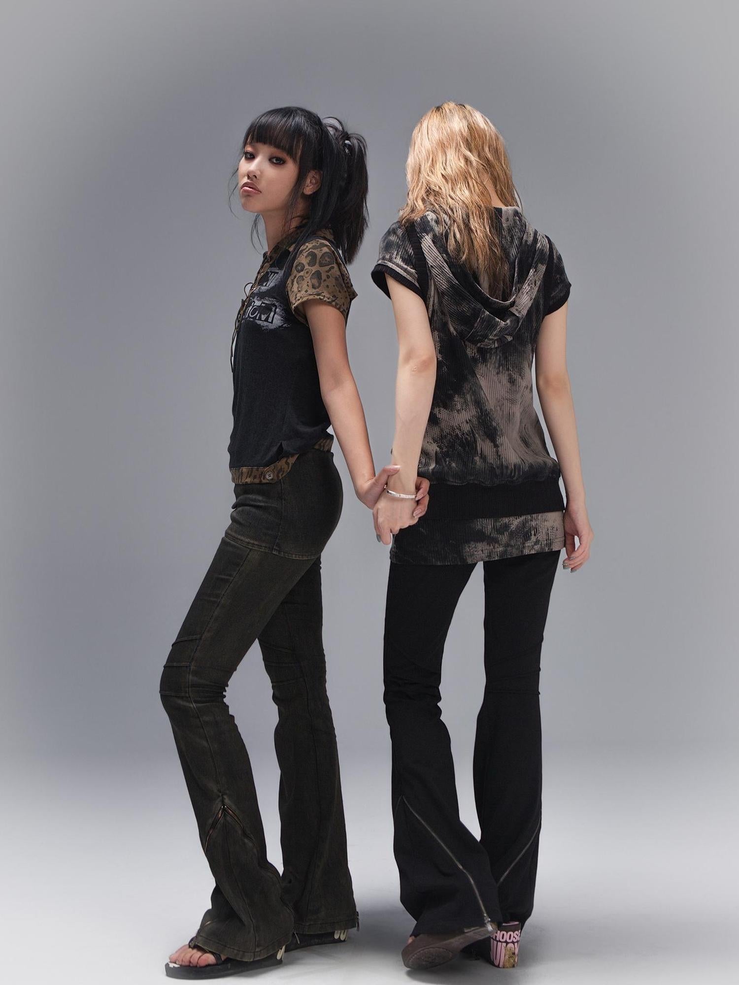 ARIADNAw Punk Rock Embellished Hooded Tee Gothic Streetwear Top