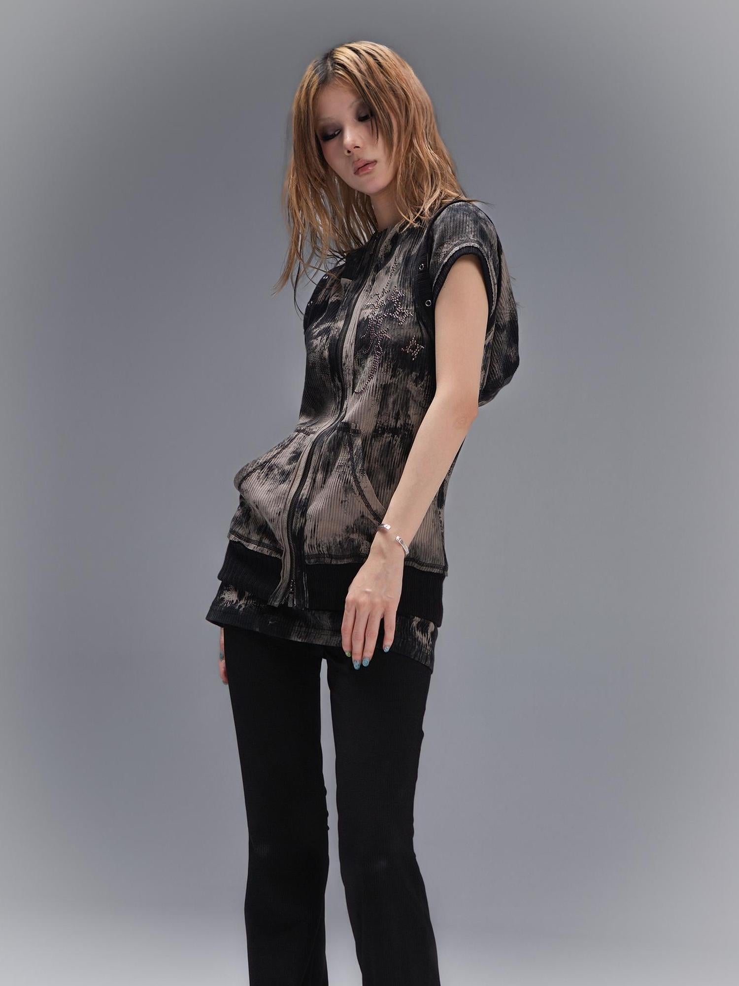 ARIADNAw Punk Rock Embellished Hooded Tee Gothic Streetwear Top