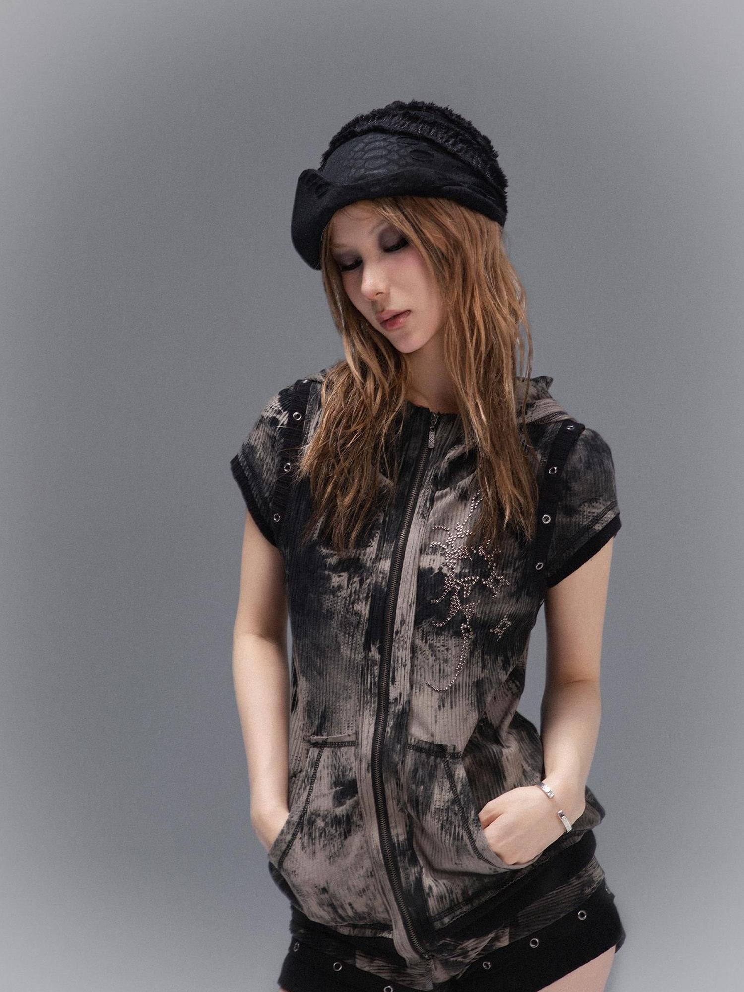 ARIADNAw Punk Rock Embellished Hooded Tee Gothic Streetwear Top