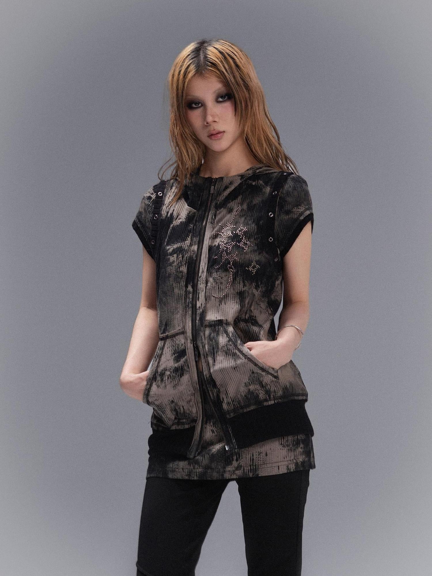 ARIADNAw Punk Rock Embellished Hooded Tee Gothic Streetwear Top
