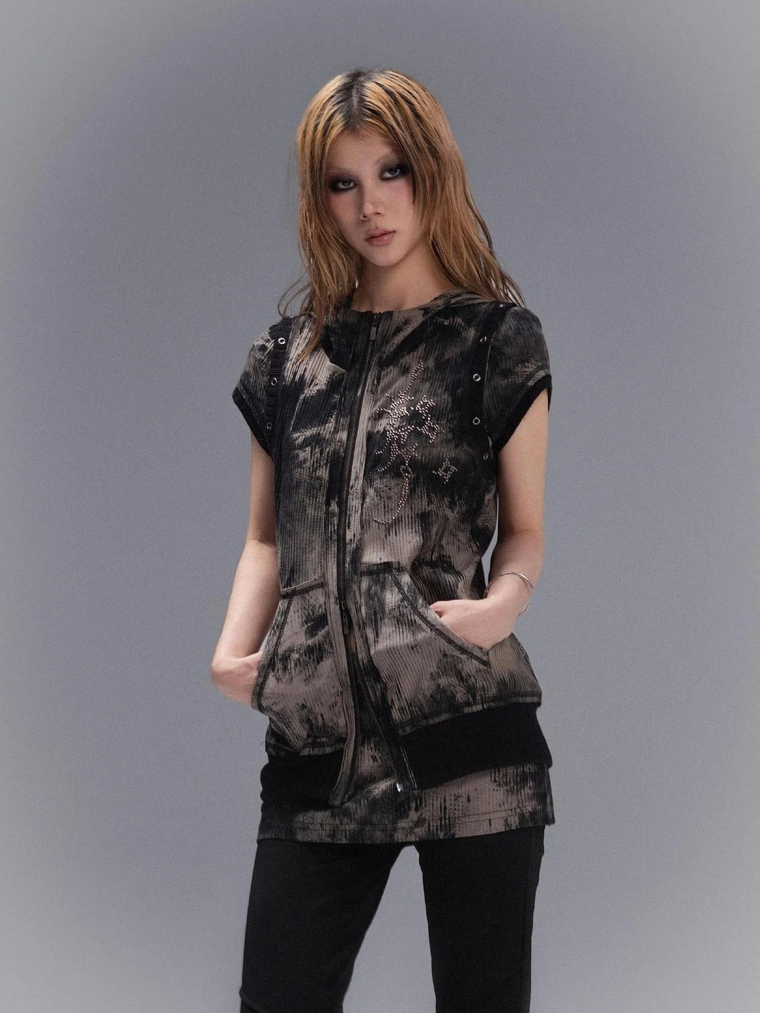 Punk Rock Embellished Hooded Tee Gothic Streetwear Top