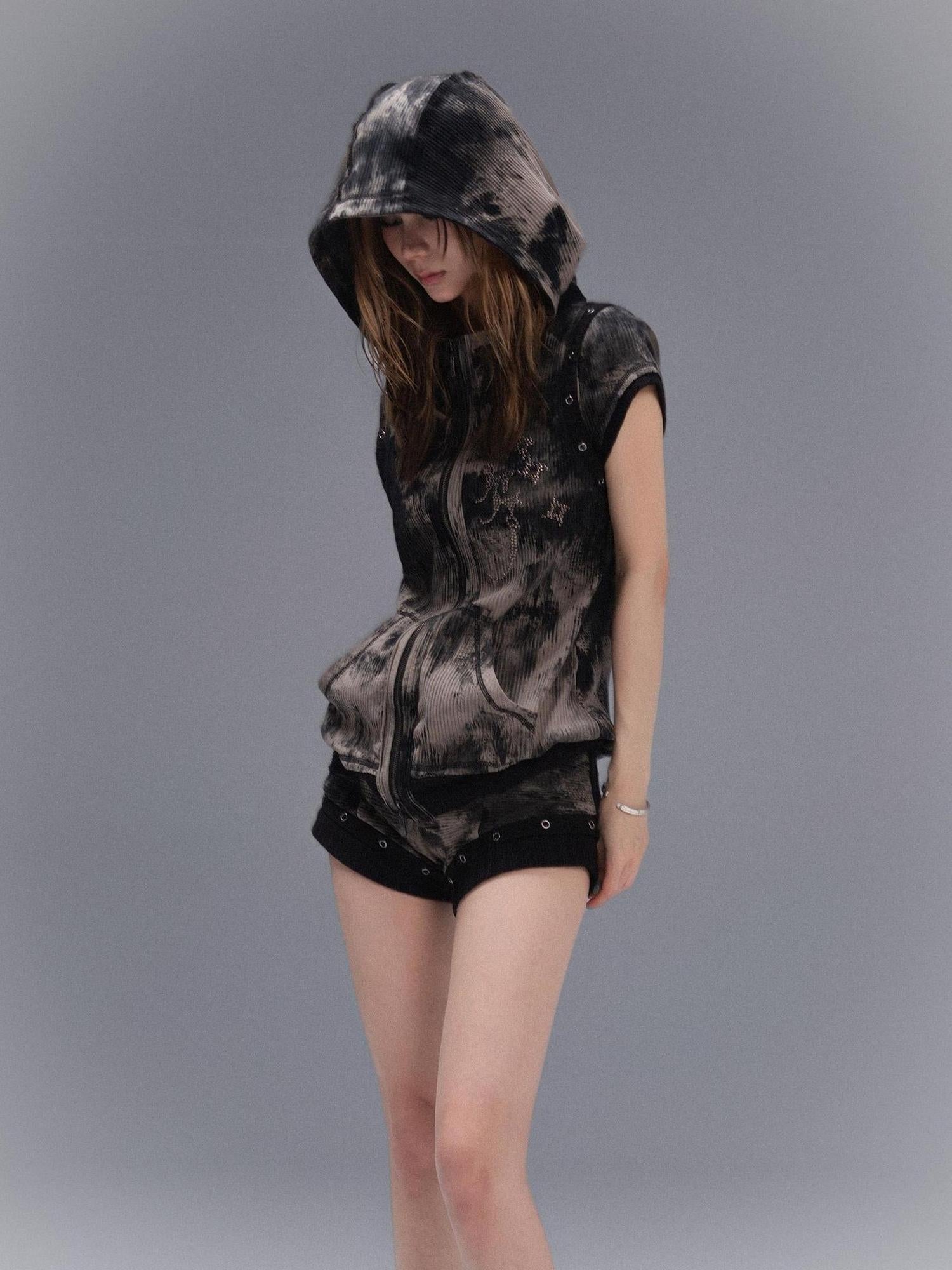 ARIADNAw Punk Rock Embellished Hooded Tee Gothic Streetwear Top