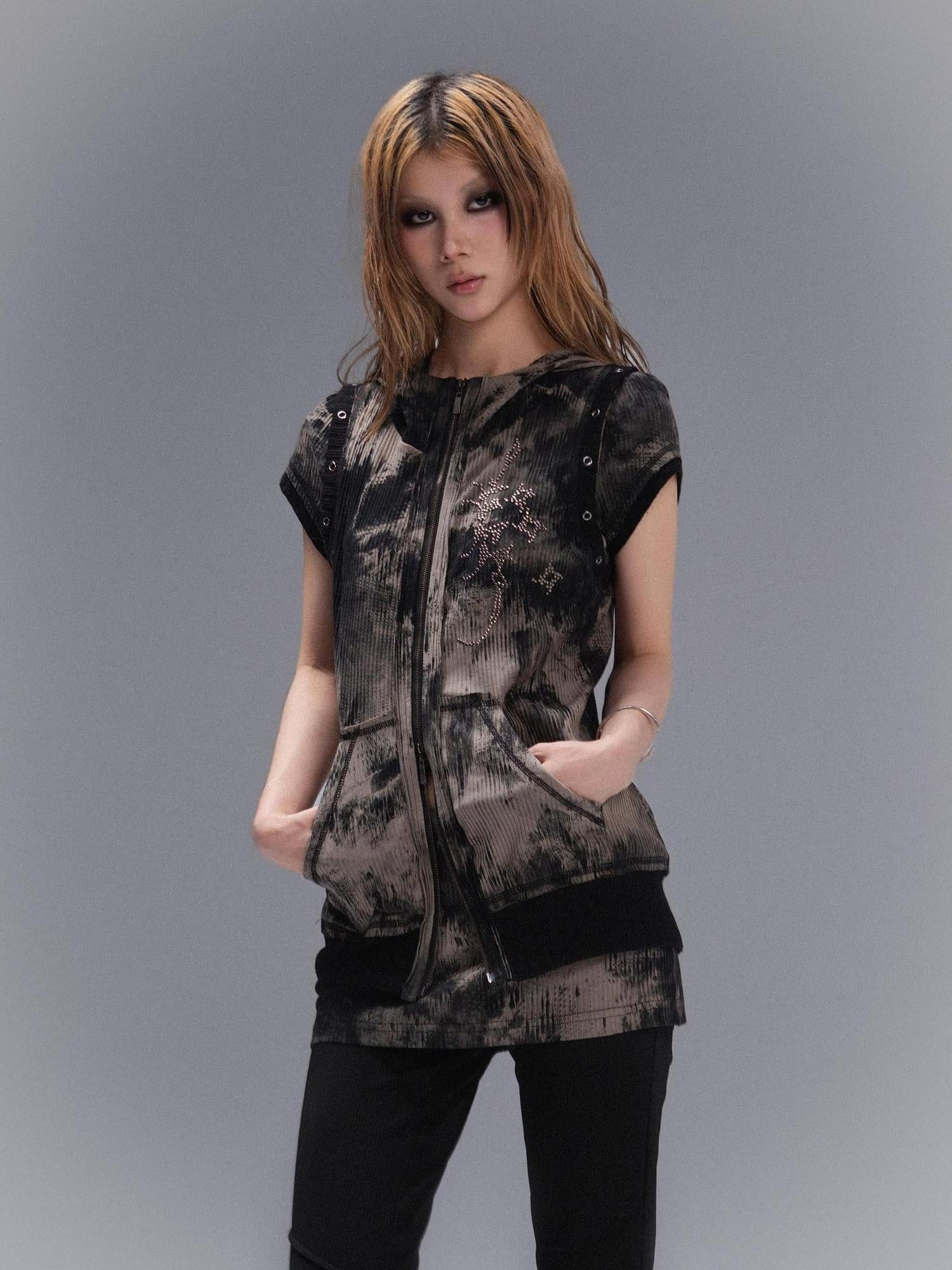 ARIADNAw Punk Rock Embellished Hooded Tee Gothic Streetwear Top