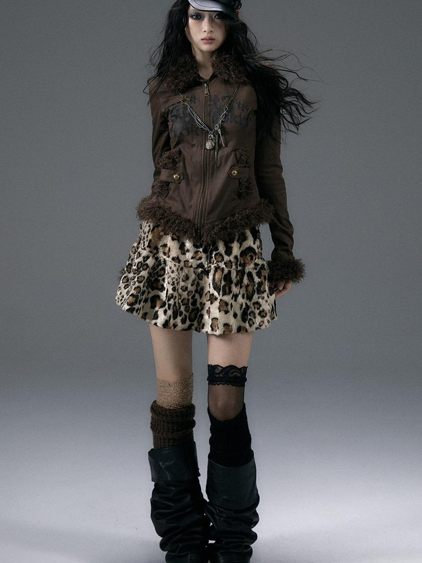 NO ROMANCE Punk Rock Furry Leopard Print Winter Fluffy Mini Skirt Dresses