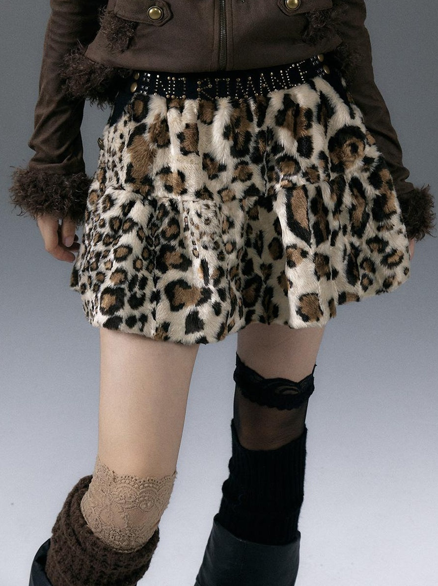 NO ROMANCE Punk Rock Furry Leopard Print Winter Fluffy Mini Skirt Dresses