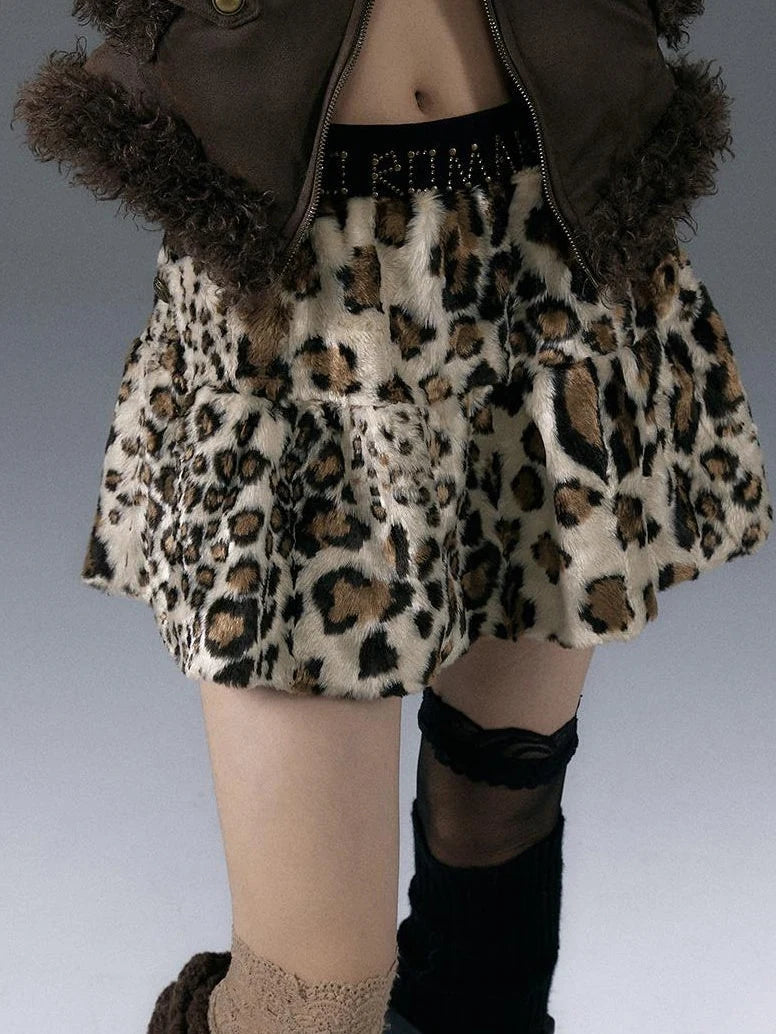 Punk Rock Furry Leopard Print Winter Fluffy Mini Skirt Dresses