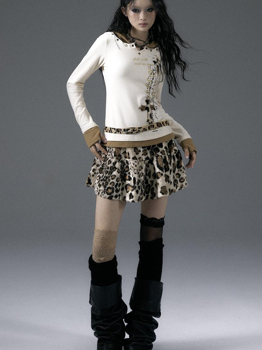 NO ROMANCE Punk Rock Furry Leopard Print Winter Fluffy Mini Skirt Dresses
