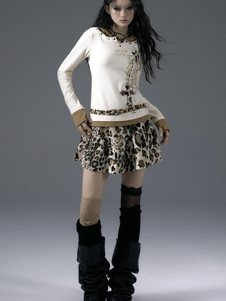 Punk Rock Furry Leopard Print Winter Fluffy Mini Skirt Dresses