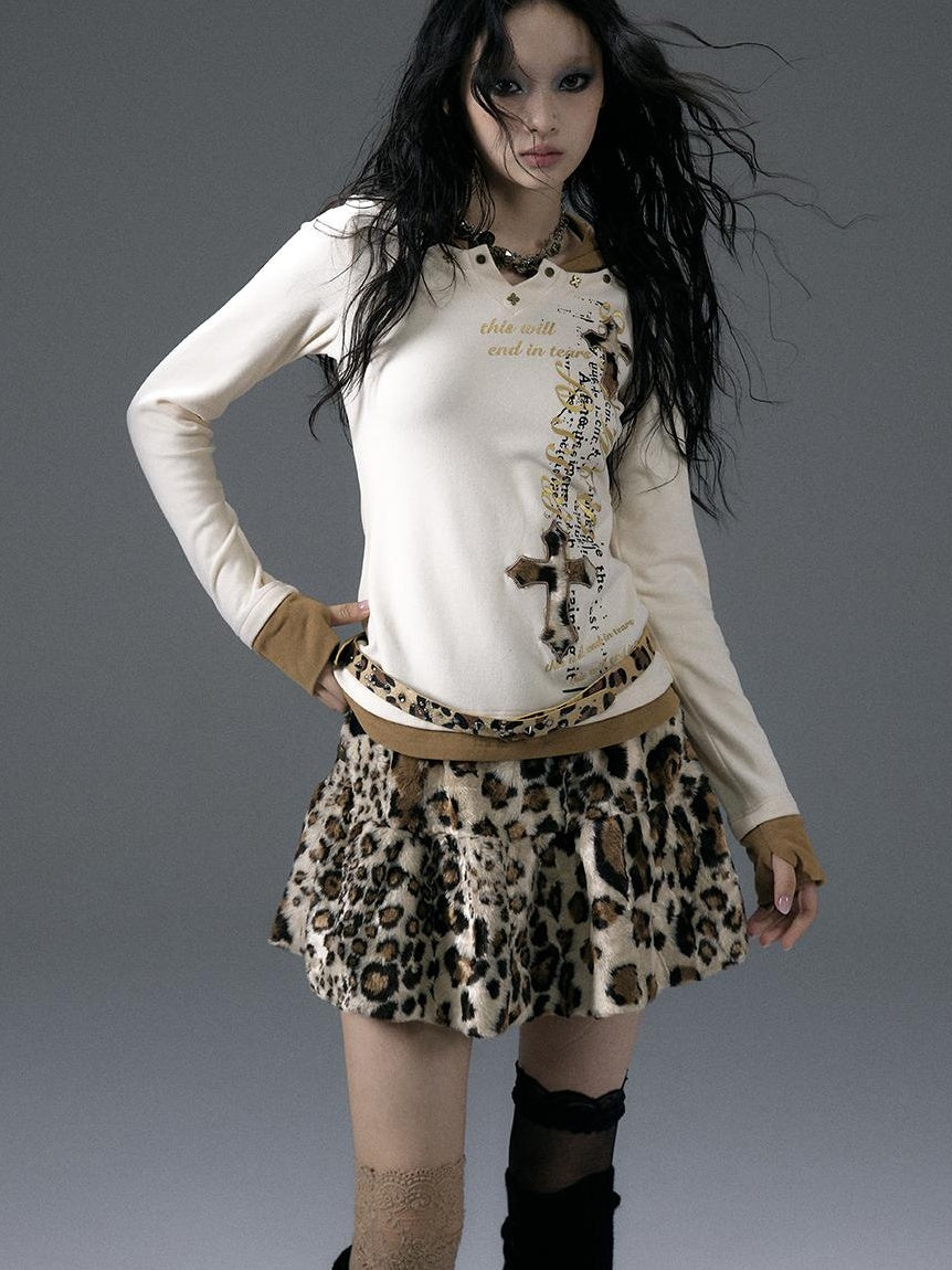 NO ROMANCE Punk Rock Furry Leopard Print Winter Fluffy Mini Skirt Dresses