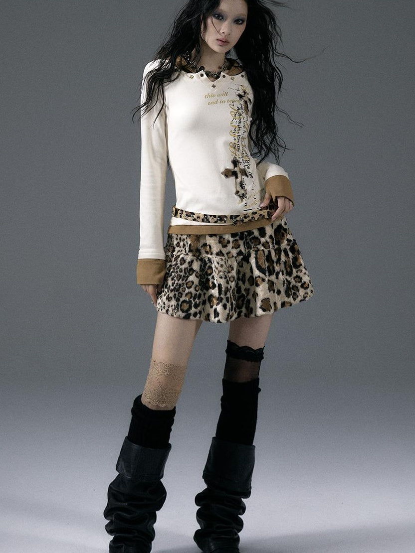 NO ROMANCE Punk Rock Furry Leopard Print Winter Fluffy Mini Skirt Dresses